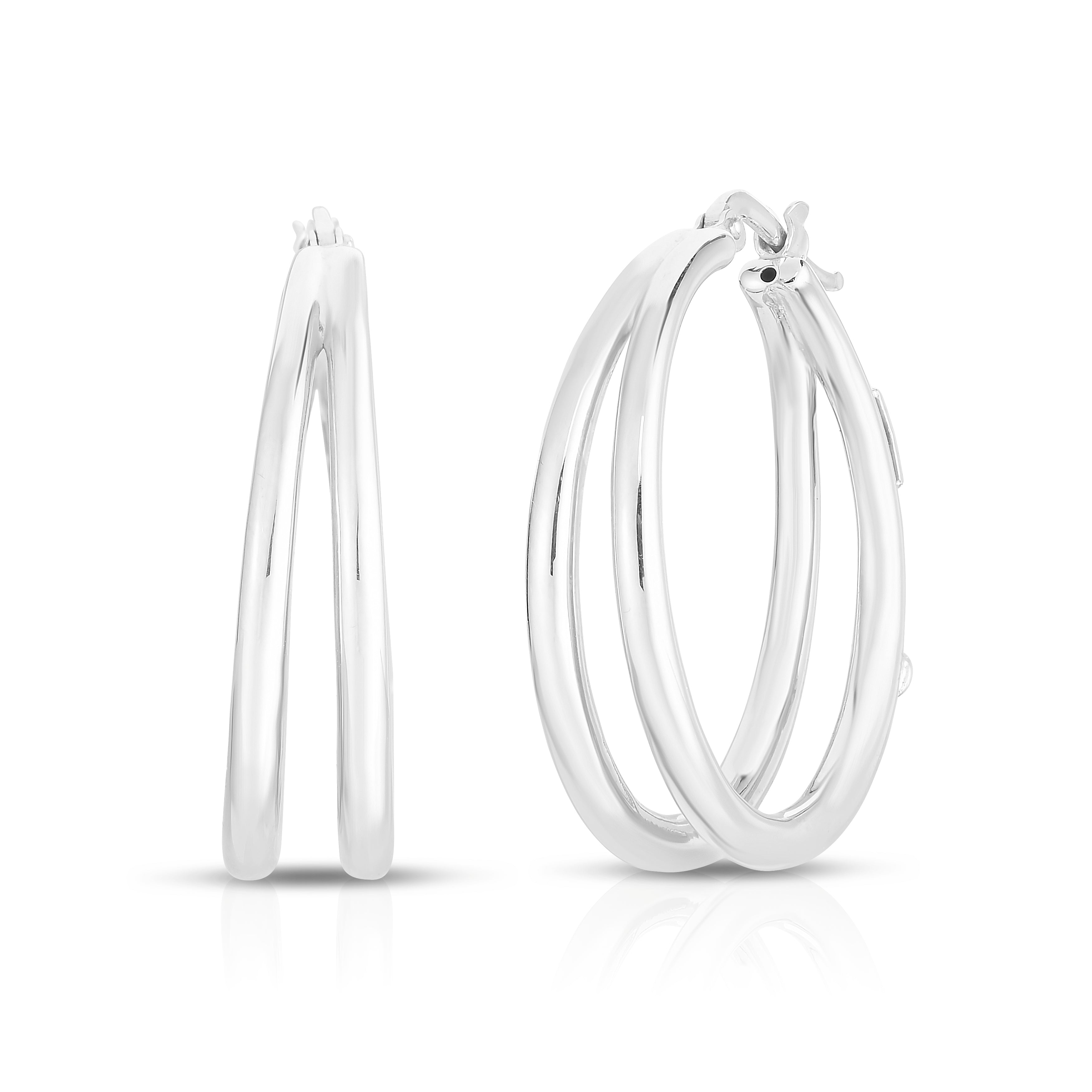 18K WHITE DESIGNER GOLD GRADUATED THIN DOUBLE HOOP EARRINGS - 30MM X 2MM WIDTH