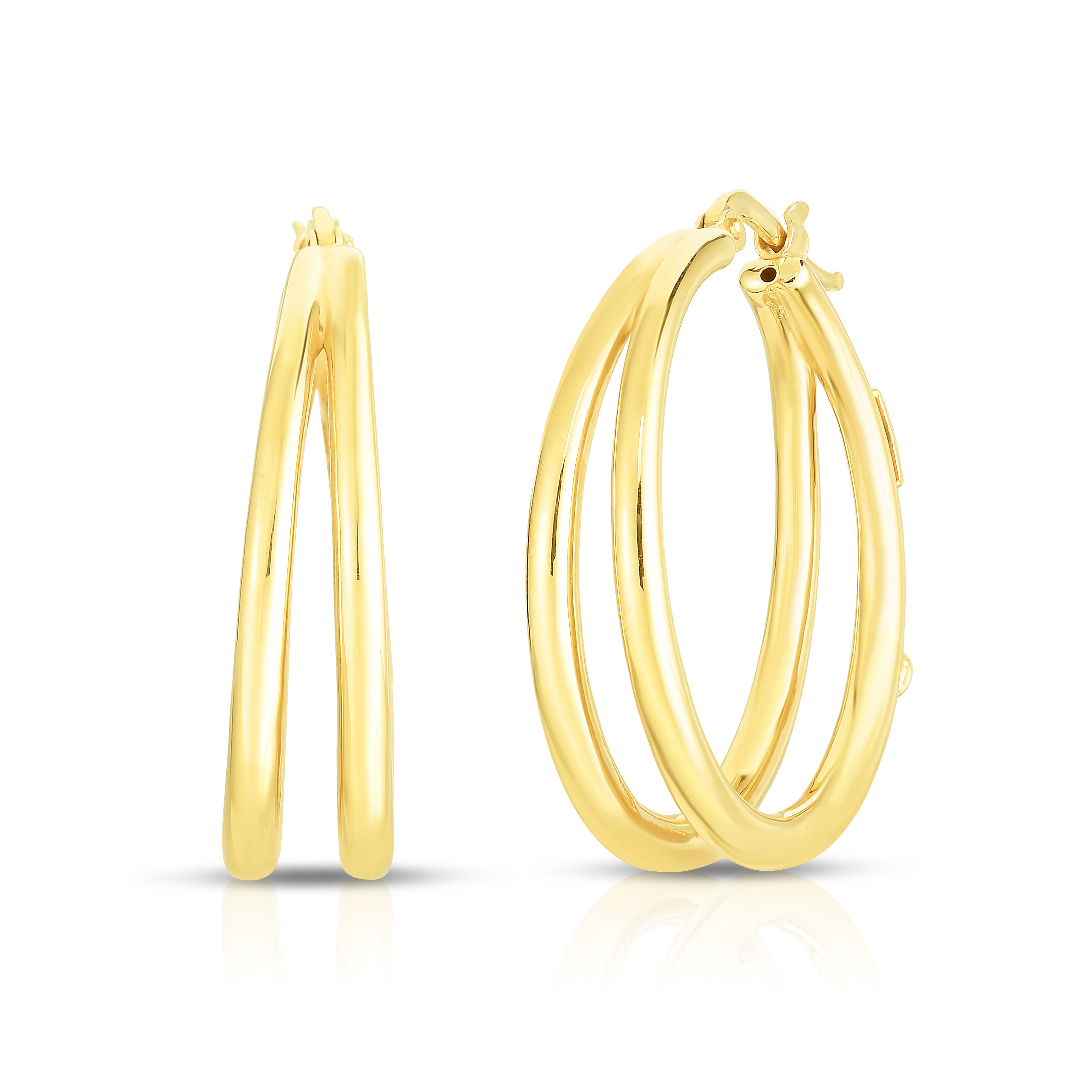 18K YELLOW DESIGNER GOLD GRADUATED THIN DOUBLE HOOP EARRINGS