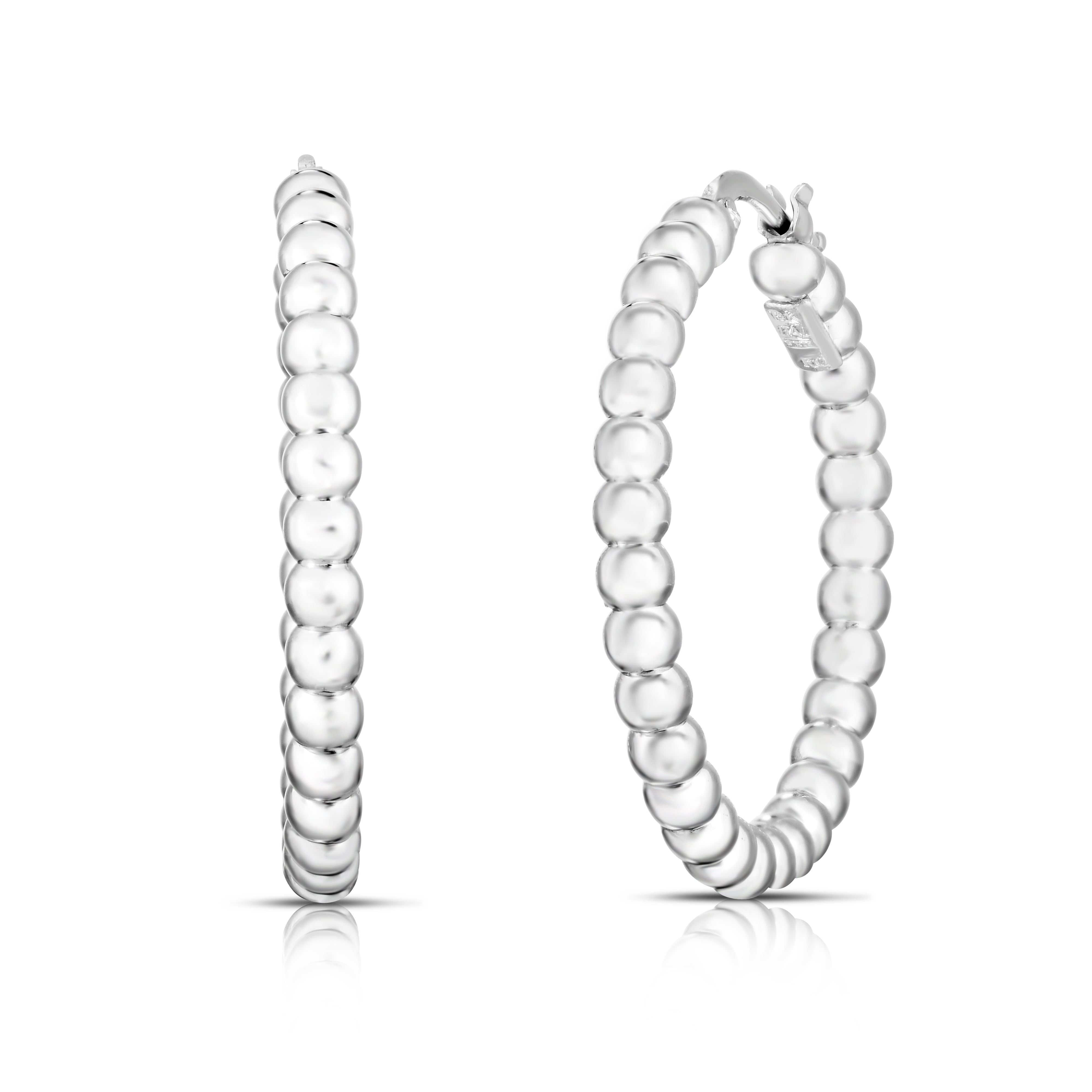 18K WHITE DESIGNER GOLD MEDIUM BEAD HOOP EARRINGS