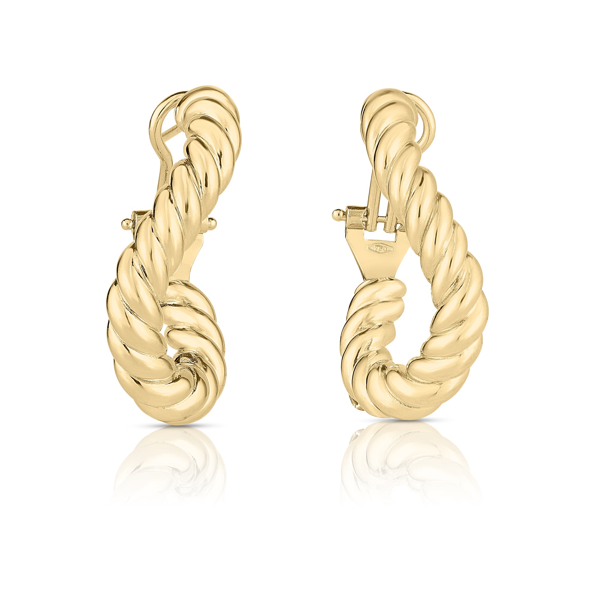 18K YELLOW DESIGNER GOLD TWISTED HINGE BACK HOOP EARRINGS