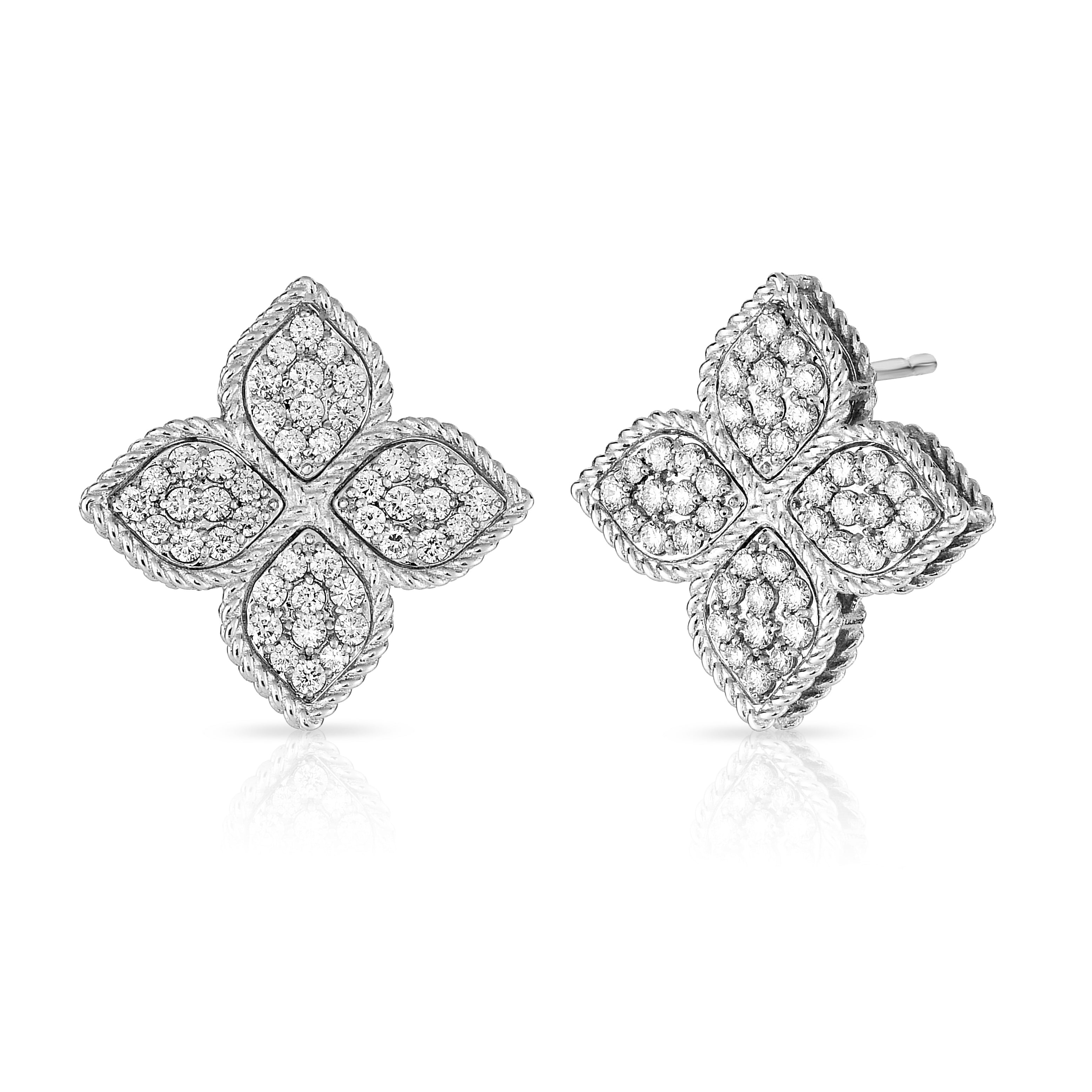 18K WHITE GOLD PRINCESS FLOWER LARGE DIAMOND STUD EARRINGS