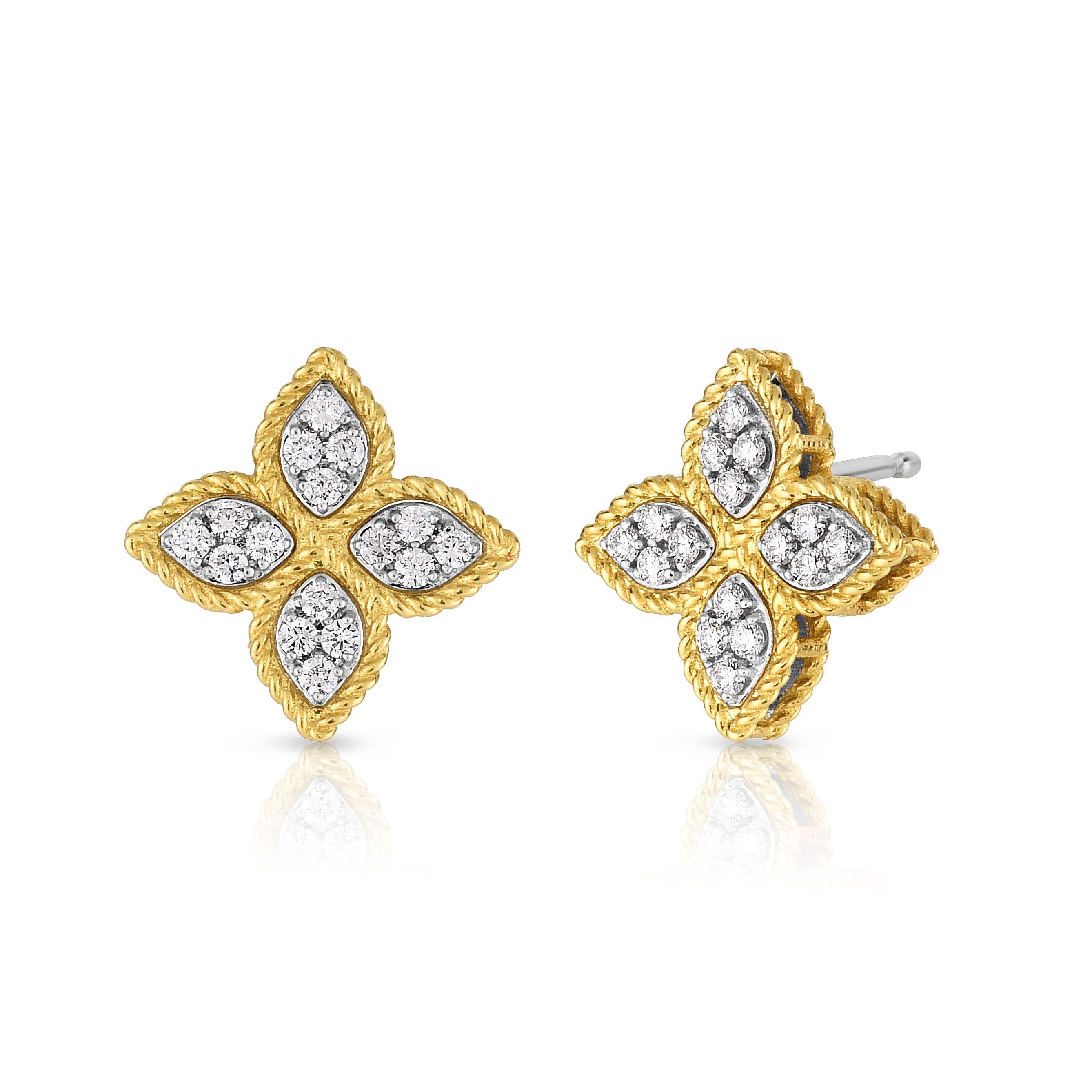 18K YELLOW/WHITE GOLD PRINCESS FLOWER MEDIUM DIAMOND STUD EARRINGS