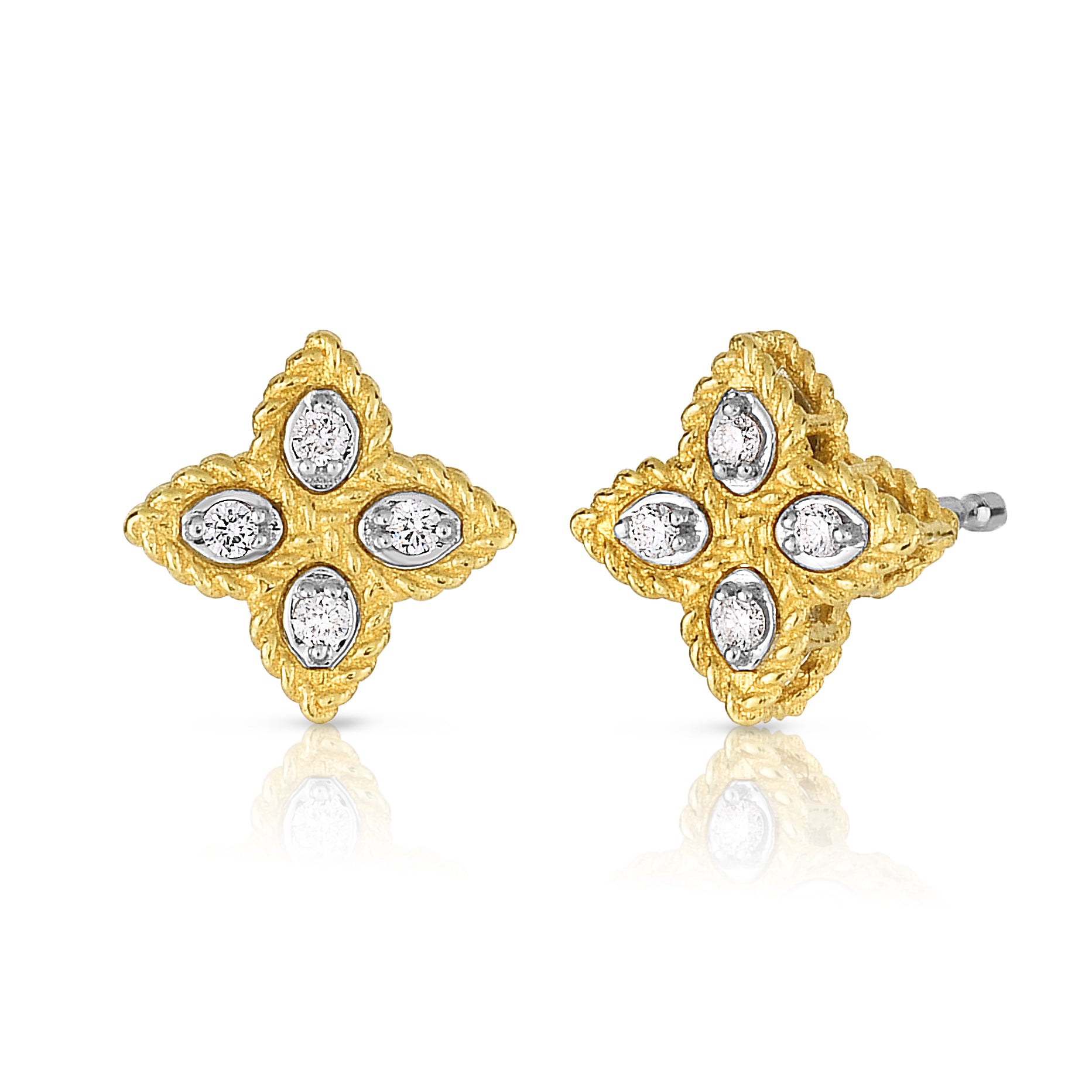 18K YELLOW/WHITE GOLD PRINCESS FLOWER SMALL DIAMOND STUD EARRINGS