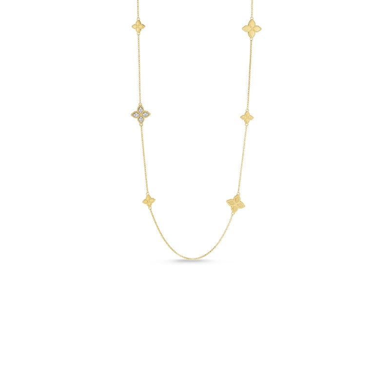 18K YELLOW/WHITE GOLD PRINCESS FLOWER DIAMOND ACCENT STATION NECKLACE