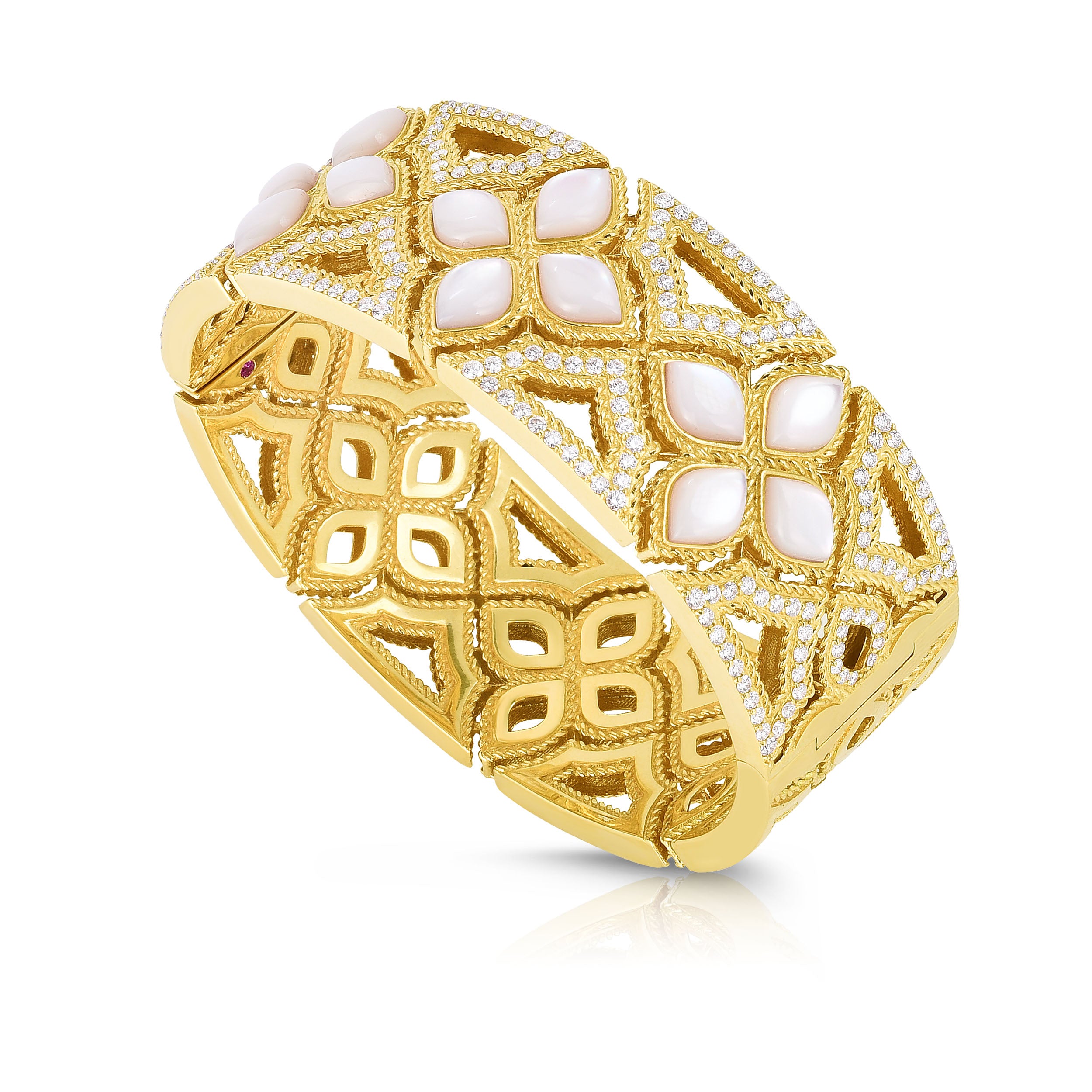 18K YELLOW GOLD VENETIAN PRINCESS WIDE DIAMOND & MOTHER OF PEARL CUT OUT FLOWER BANGLE