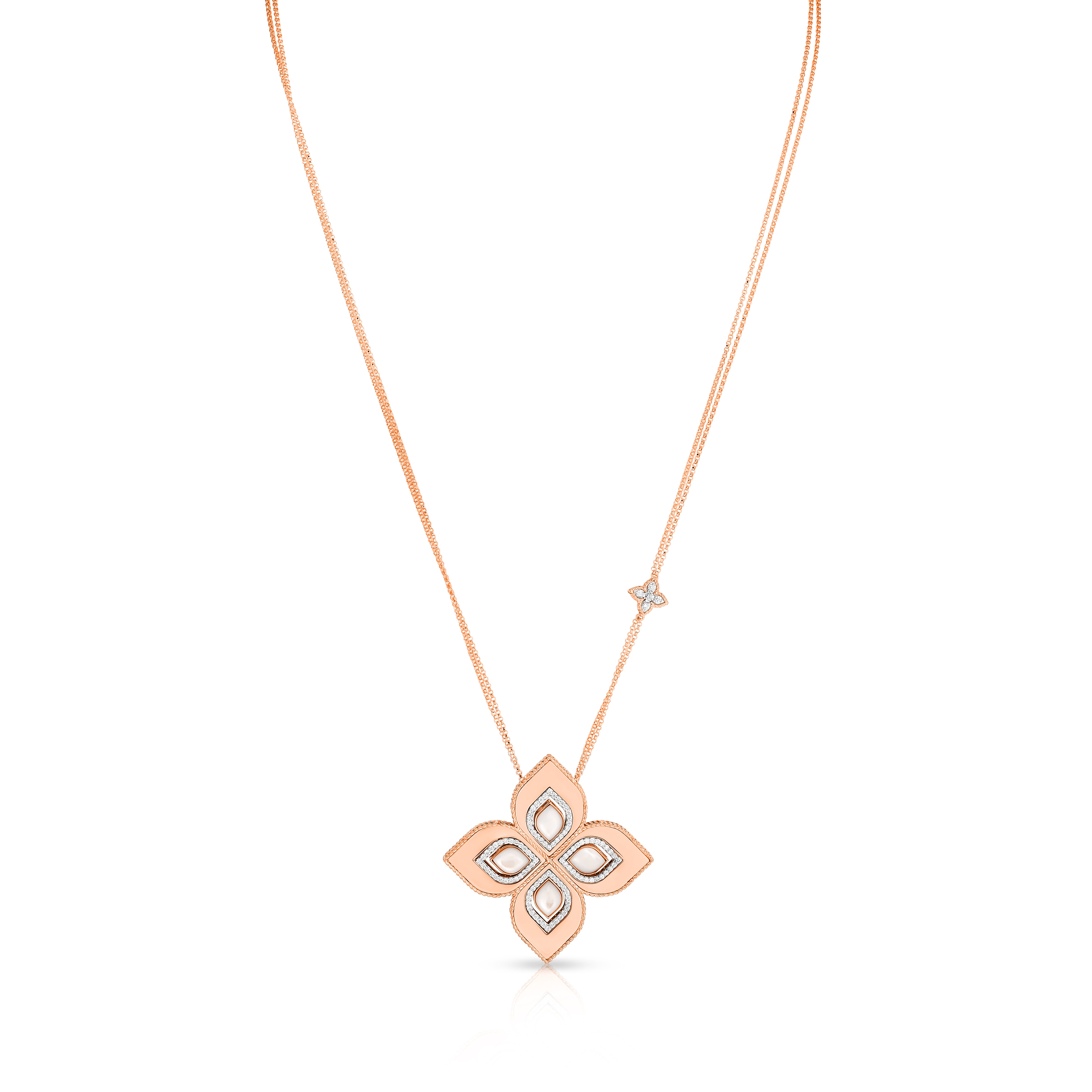 18K ROSE/WHITE GOLD VENETIAN PRINCESS LARGE MOTHER OF PEARL & DIAMOND POLISHED FLOWER NECKLACE