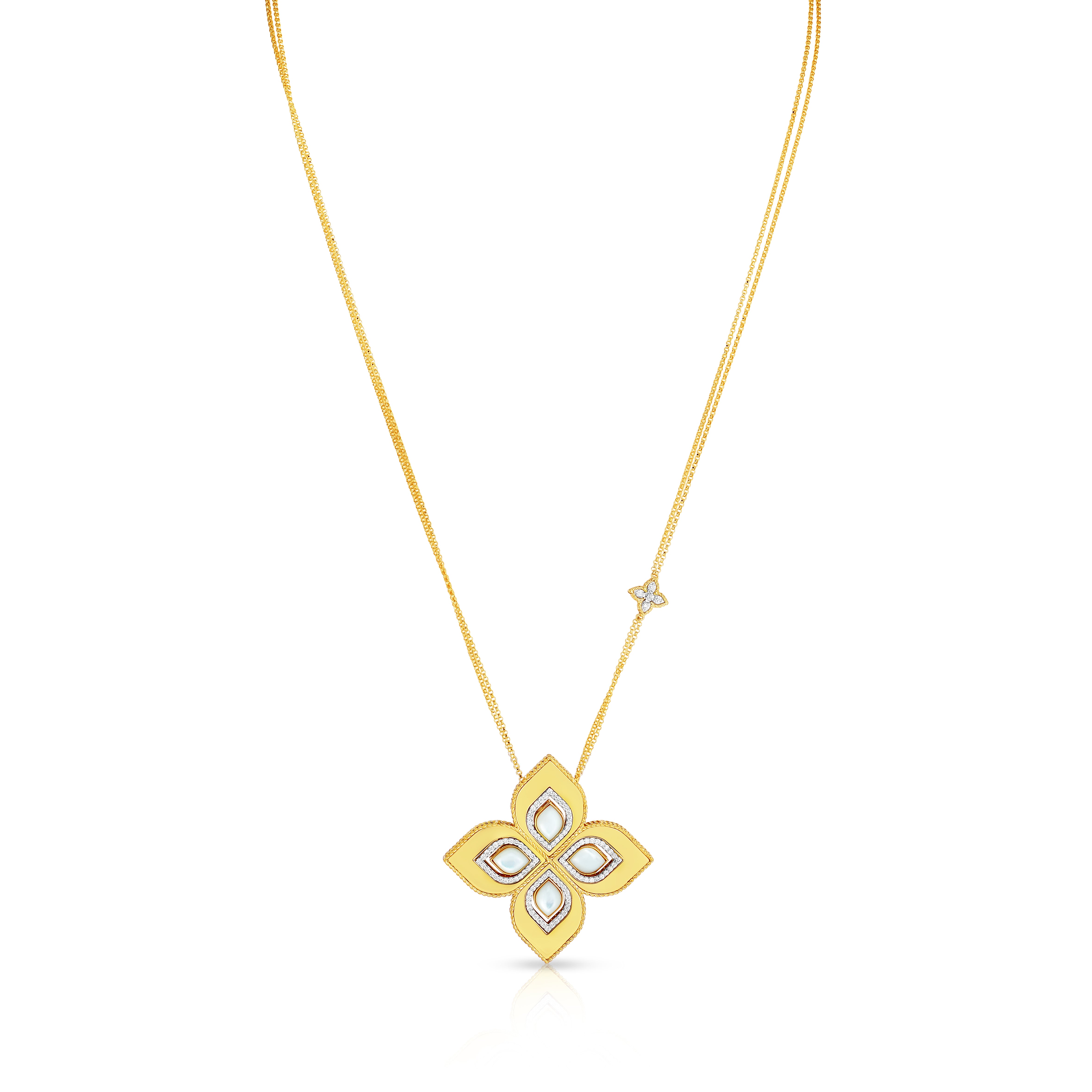 18K YELLOW/WHITE GOLD VENETIAN PRINCESS LARGE MOTHER OF PEARL & DIAMOND POLISHED FLOWER NECKLACE