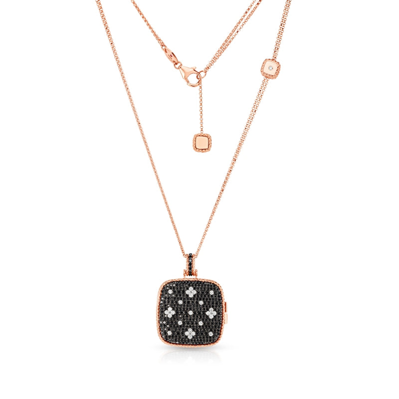 18K ROSE GOLD VENETIAN PRINCESS BLACK & WHITE DIAMOND LOCKET LONG NECKLACE