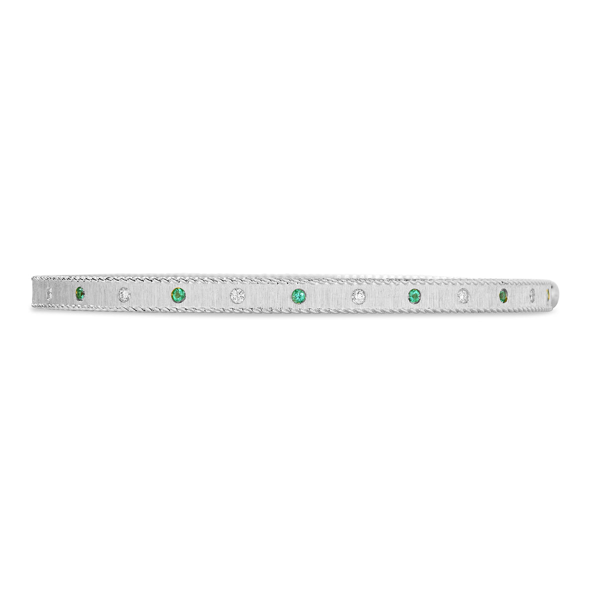 18K WHITE GOLD PRINCESS DIAMOND & EMERALD SATIN FINISH BANGLE