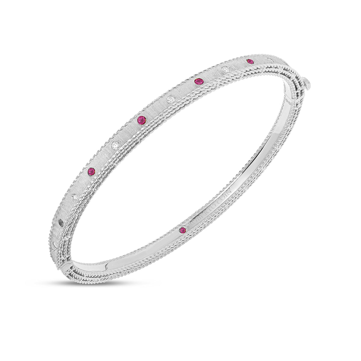 18K WHITE GOLD PRINCESS DIAMOND & RUBY SATIN FINISH BANGLE
