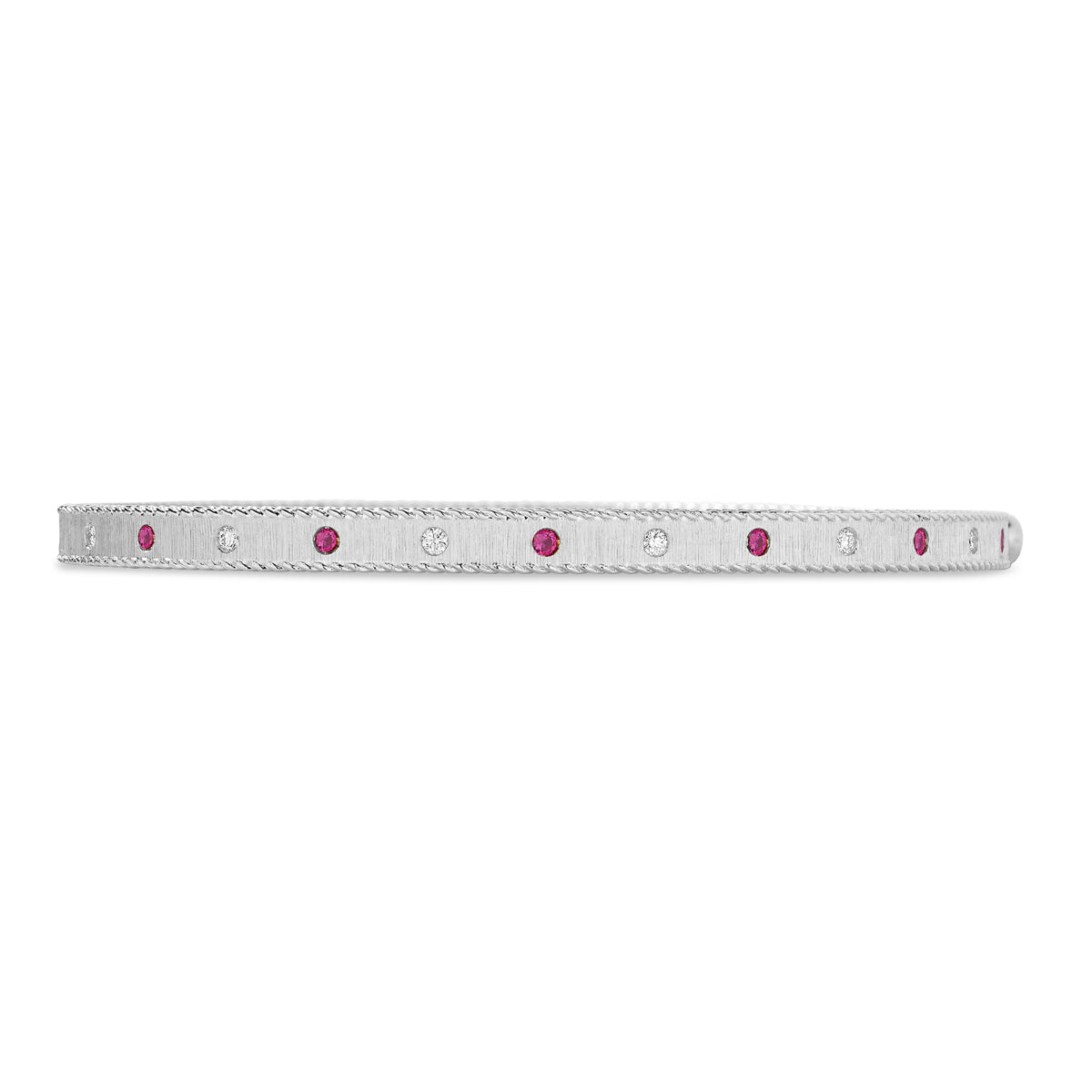 18K WHITE GOLD PRINCESS DIAMOND & RUBY SATIN FINISH BANGLE