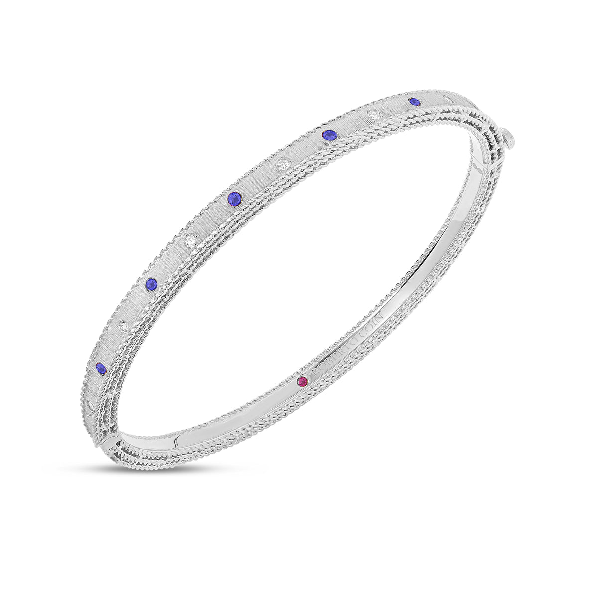 18K WHITE GOLD PRINCESS DIAMOND & BLUE SAPPHIRE SATIN FINISH BANGLE