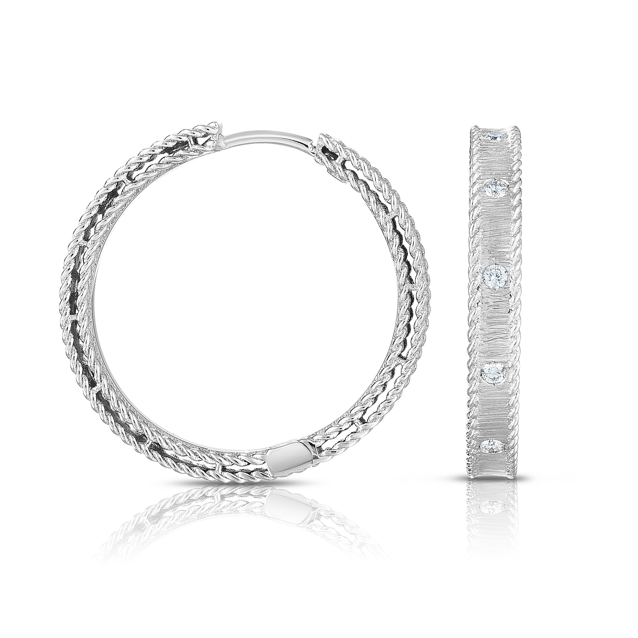 18K WHITE GOLD PRINCESS DIAMOND & SATIN FINISH HOOP EARRINGS