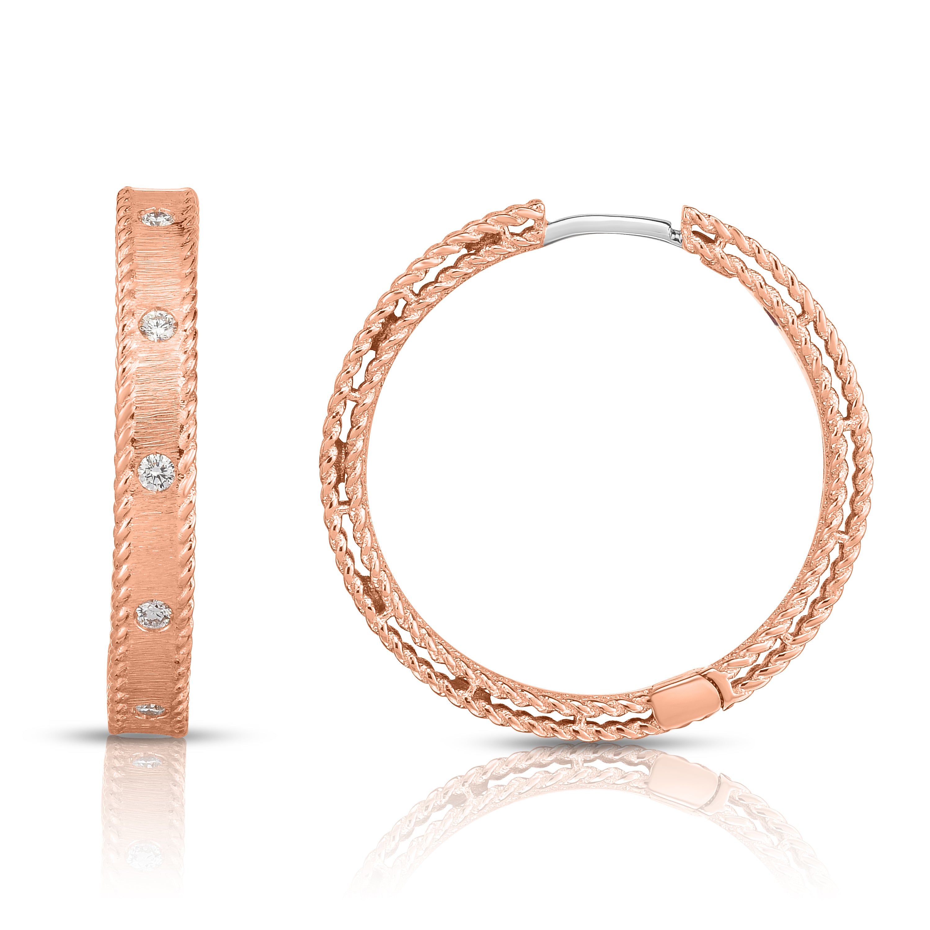 18K ROSE GOLD PRINCESS DIAMOND & SATIN FINISH HOOP EARRINGS