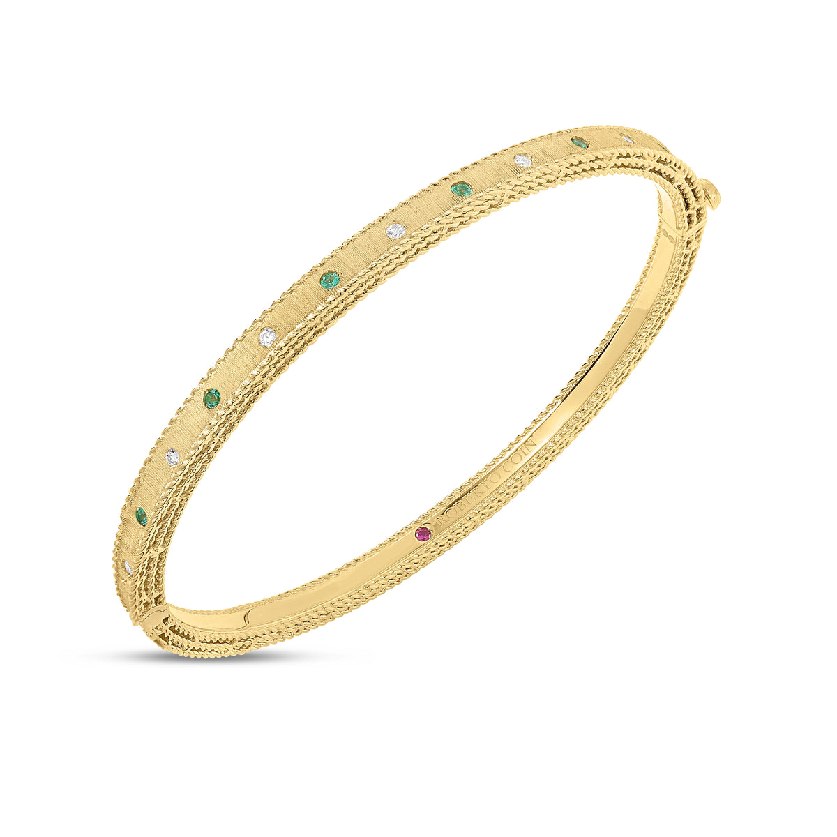 18K YELLOW GOLD PRINCESS DIAMOND & EMERALD SATIN FINISH BANGLE
