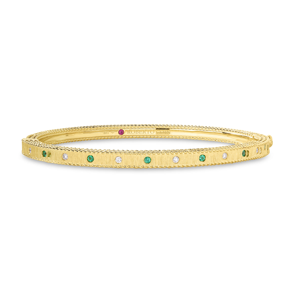 18K YELLOW GOLD PRINCESS DIAMOND & EMERALD SATIN FINISH BANGLE