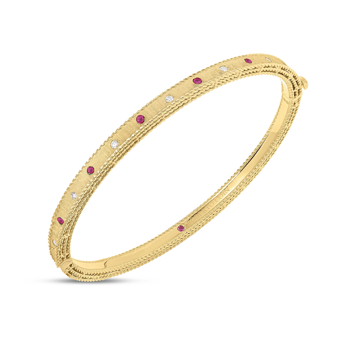 18K YELLOW GOLD PRINCESS DIAMOND & RUBY SATIN FINISH BANGLE