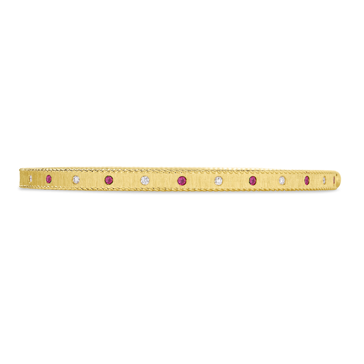 18K YELLOW GOLD PRINCESS DIAMOND & RUBY SATIN FINISH BANGLE