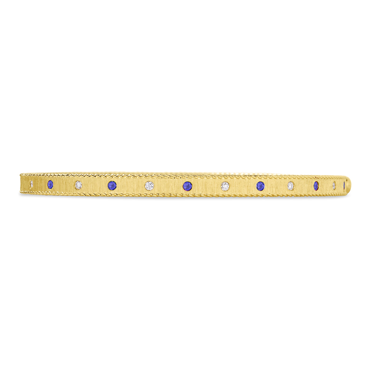 18K YELLOW GOLD PRINCESS DIAMOND & BLUE SAPPHIRE SATIN FINISH BANGLE
