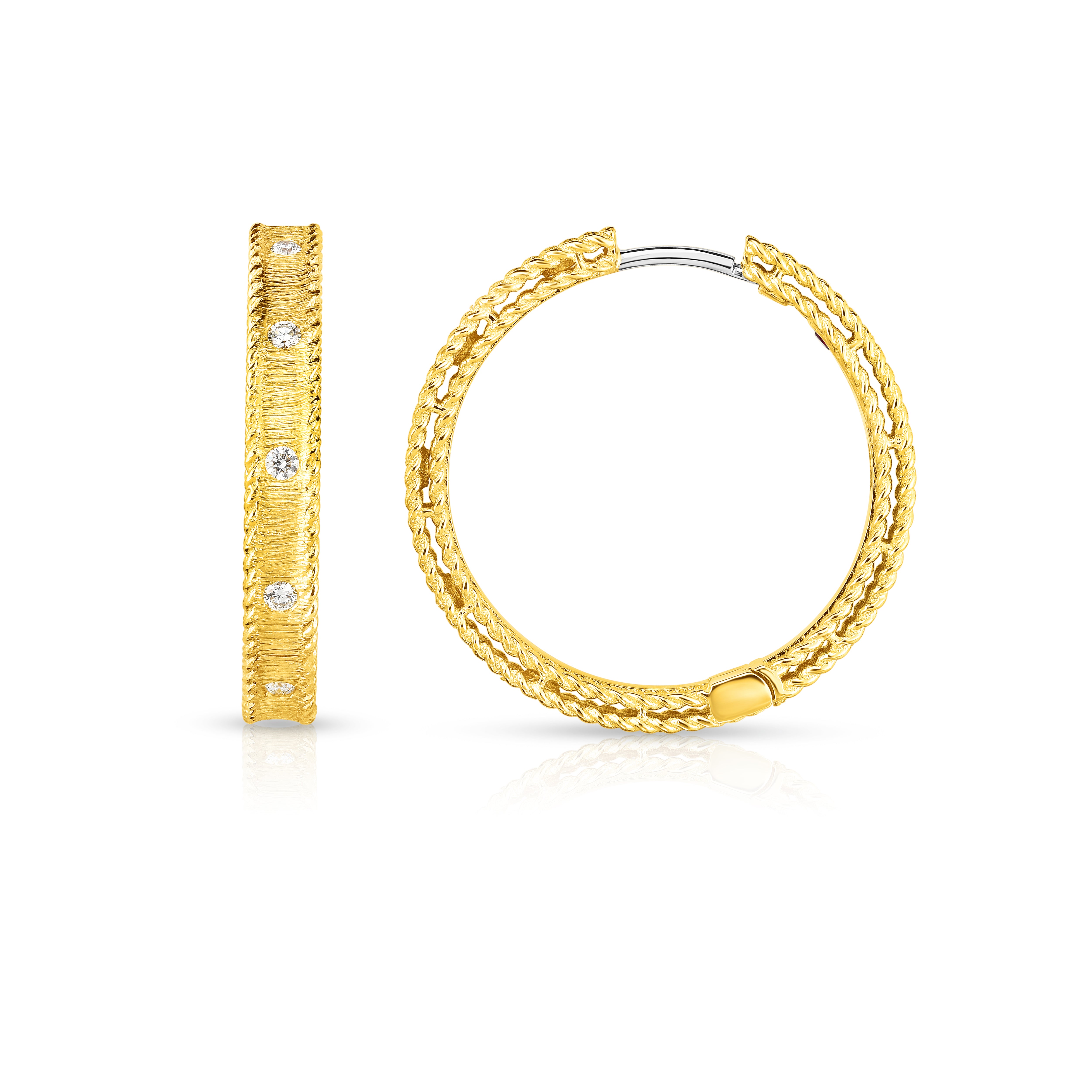 18K YELLOW GOLD PRINCESS DIAMOND & SATIN FINISH HOOP EARRINGS