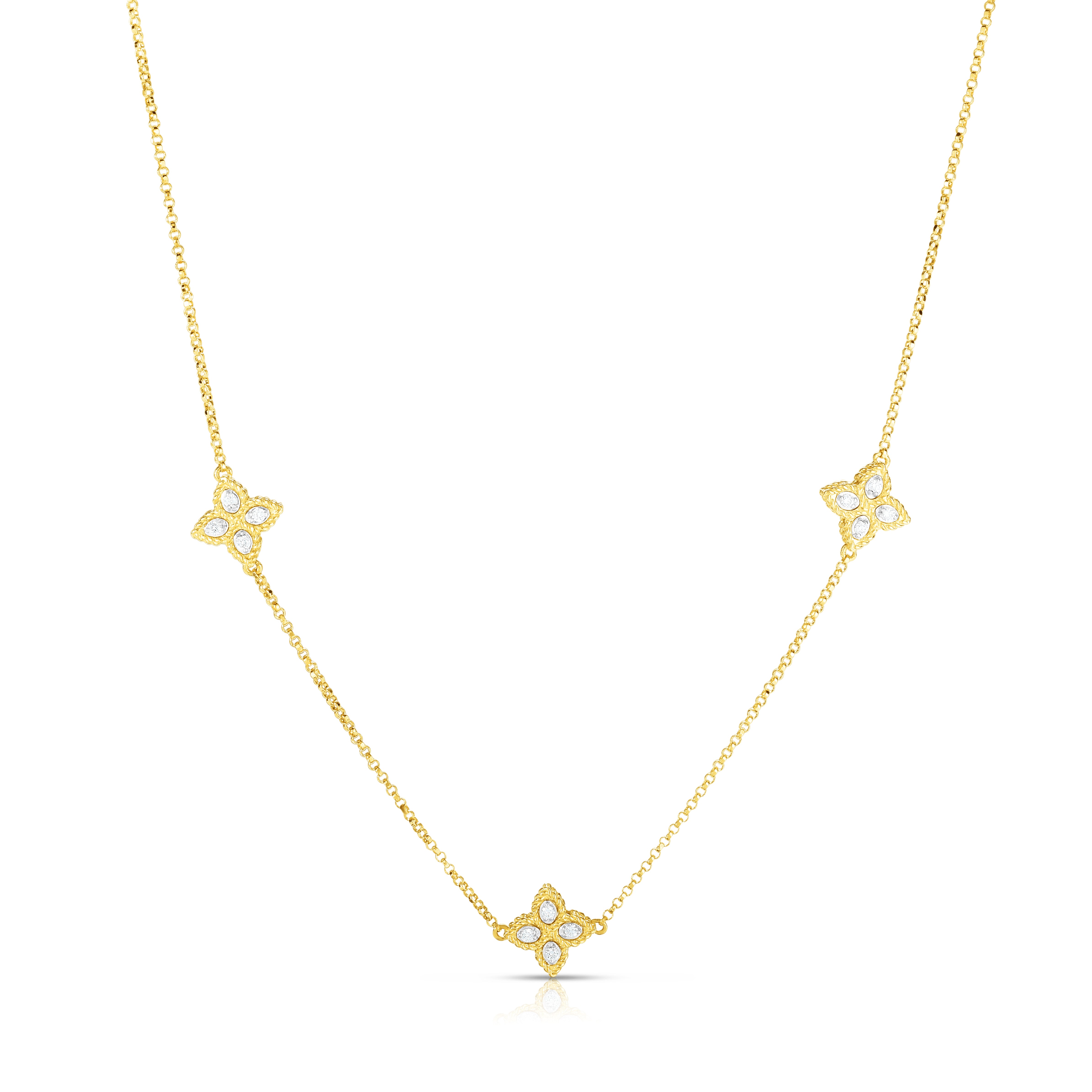 18K YELLOW/WHITE GOLD PRINCESS FLOWER THREE STATION DIAMOND NECKLACE