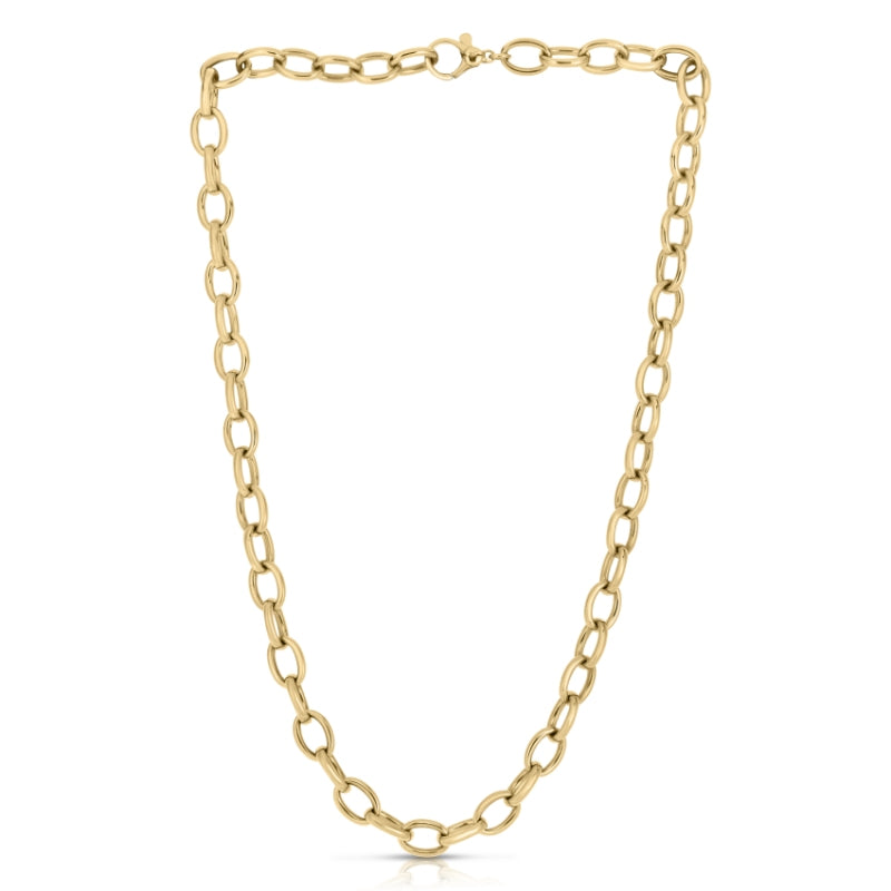 18K YELLOW DESIGNER GOLD OVAL LINK CHARM NECKLACE