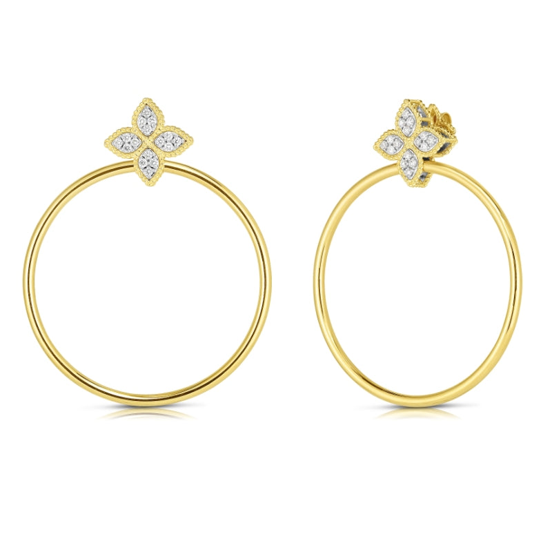 18K YELLOW/WHITE GOLD PRINCESS FLOWER ATTACHED HOOP DIAMOND EARRINGS