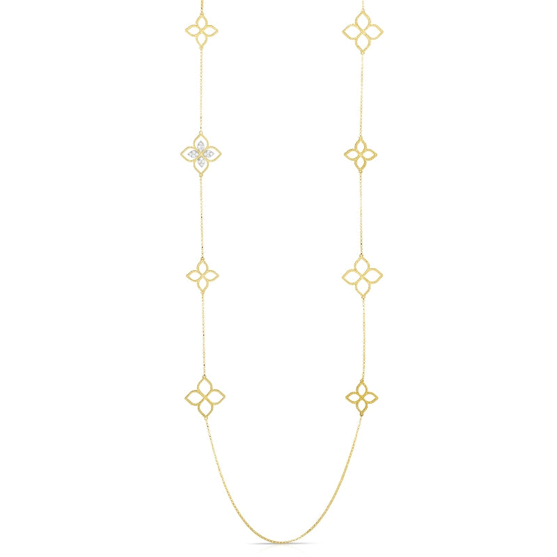 18K YELLOW/WHITE GOLD PRINCESS FLOWER DIAMOND FLOWER STATION LONG NECKLACE