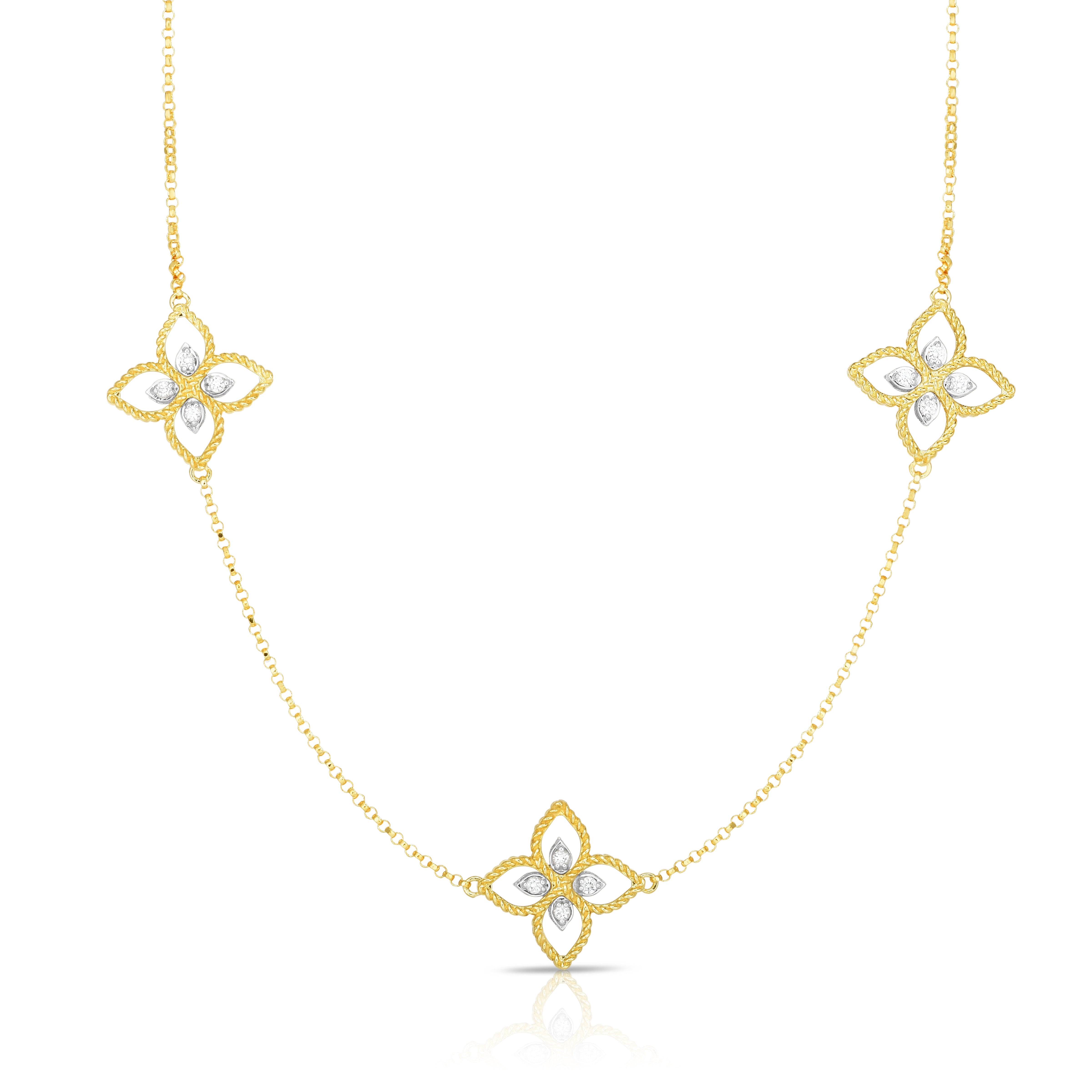 18K YELLOW/WHITE GOLD PRINCESS FLOWER DIAMOND THREE STATION FLOWER NECKLACE