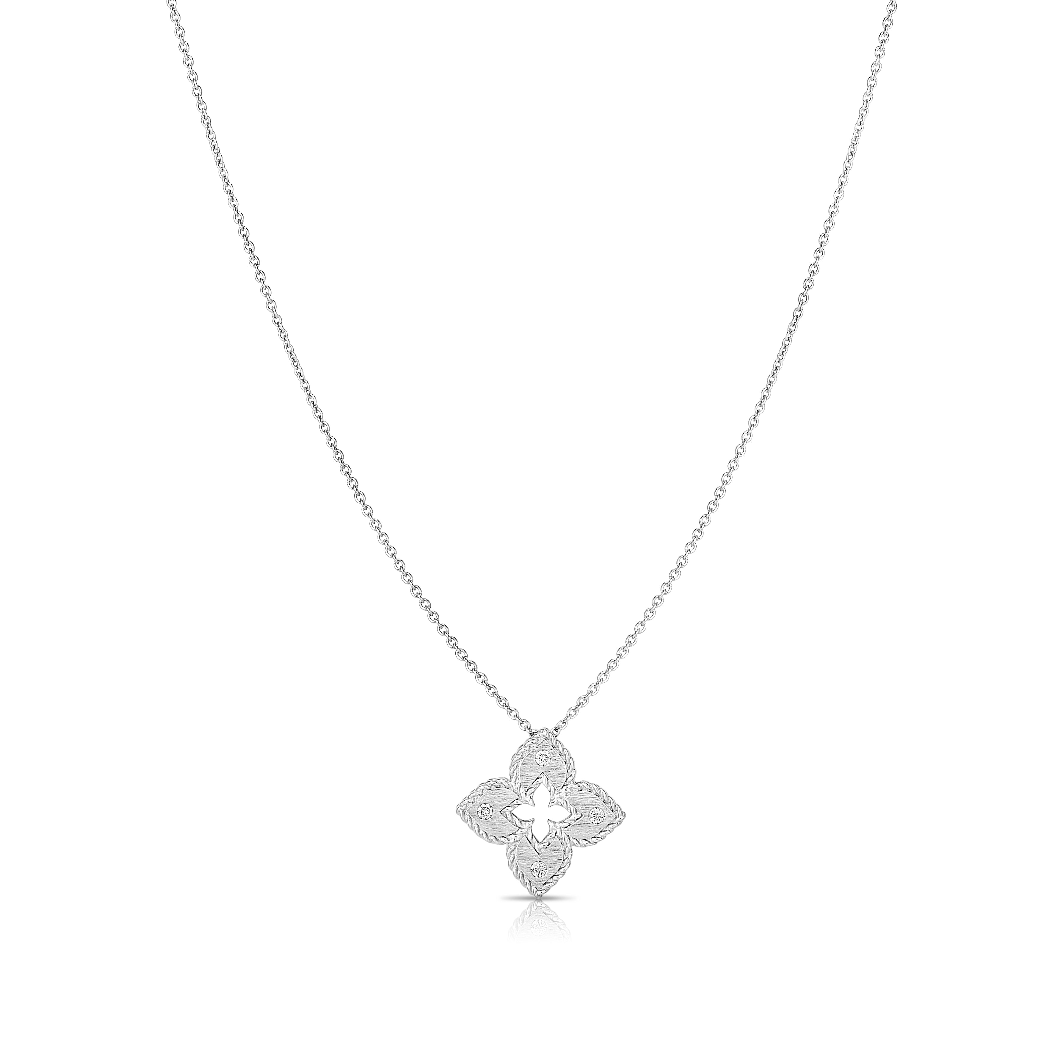 18K WHITE GOLD VENETIAN PRINCESS EXTRA SMALL DIAMOND & SATIN FINISH FLOWER NECKLACE