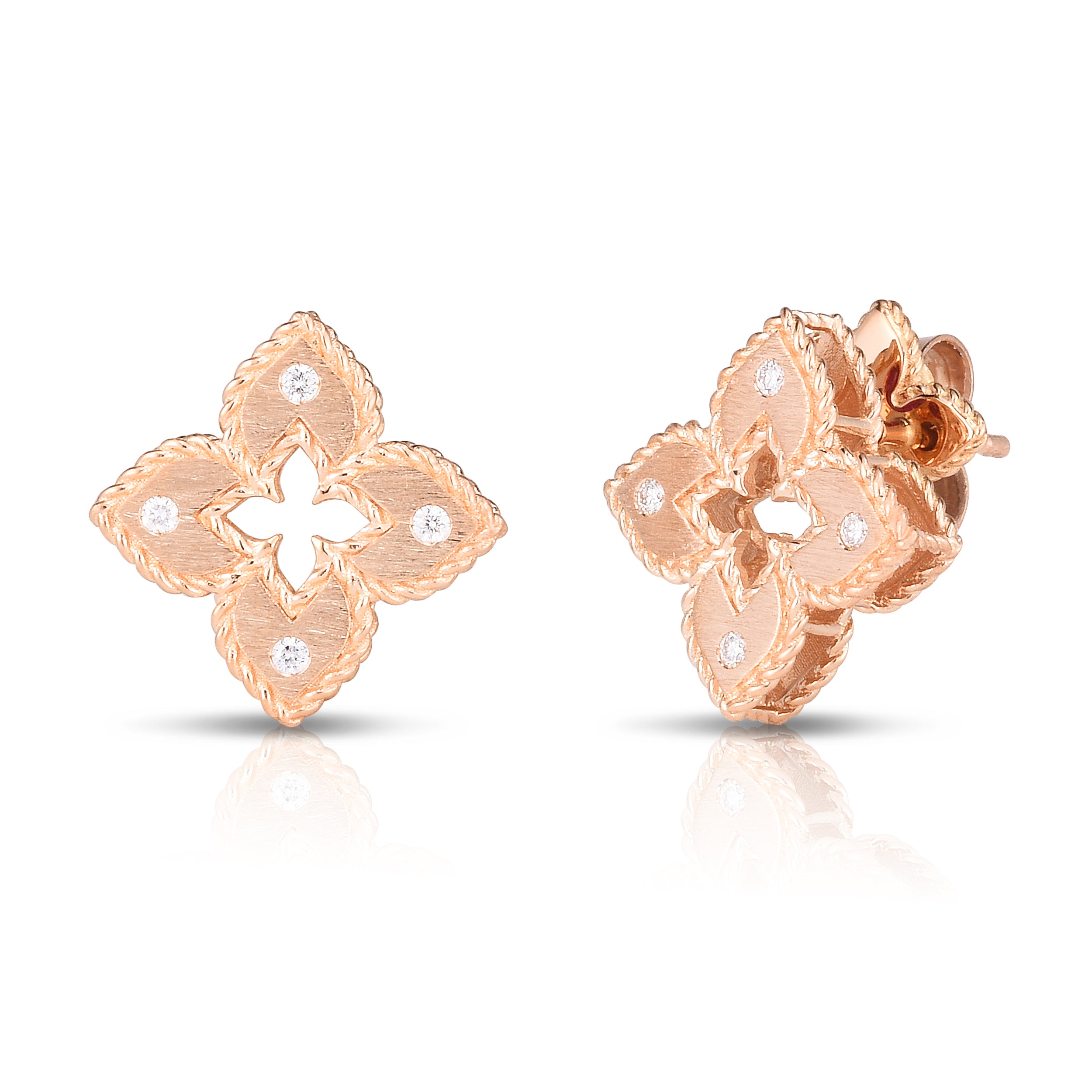 18K ROSE GOLD VENETIAN PRINCESS EXTRA SMALL DIAMOND & SATIN FINISH FLOWER EARRINGS
