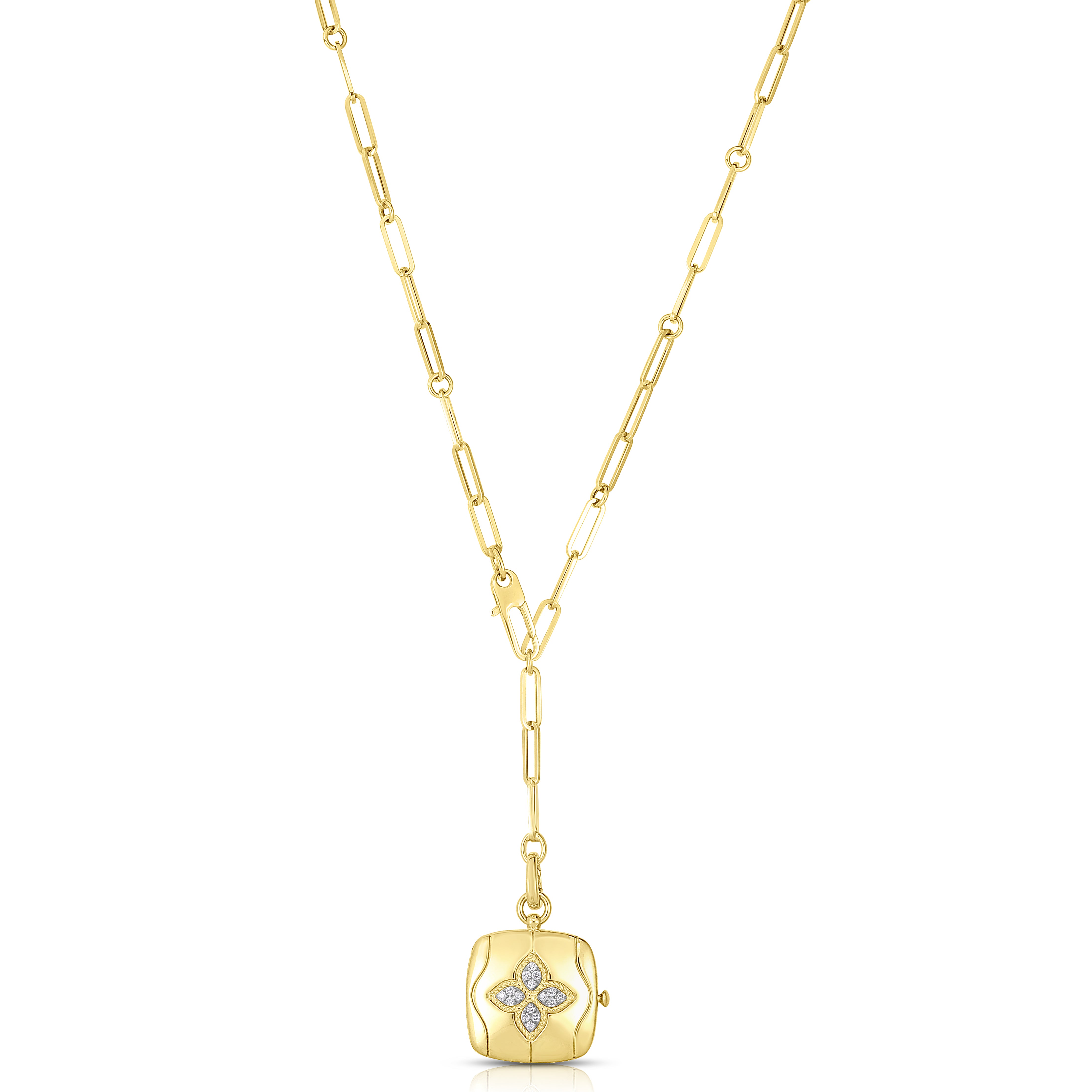18K YELLOW/WHITE GOLD ROYAL PRINCESS FLOWER DIAMOND ACCENT LOCKET NECKLACE