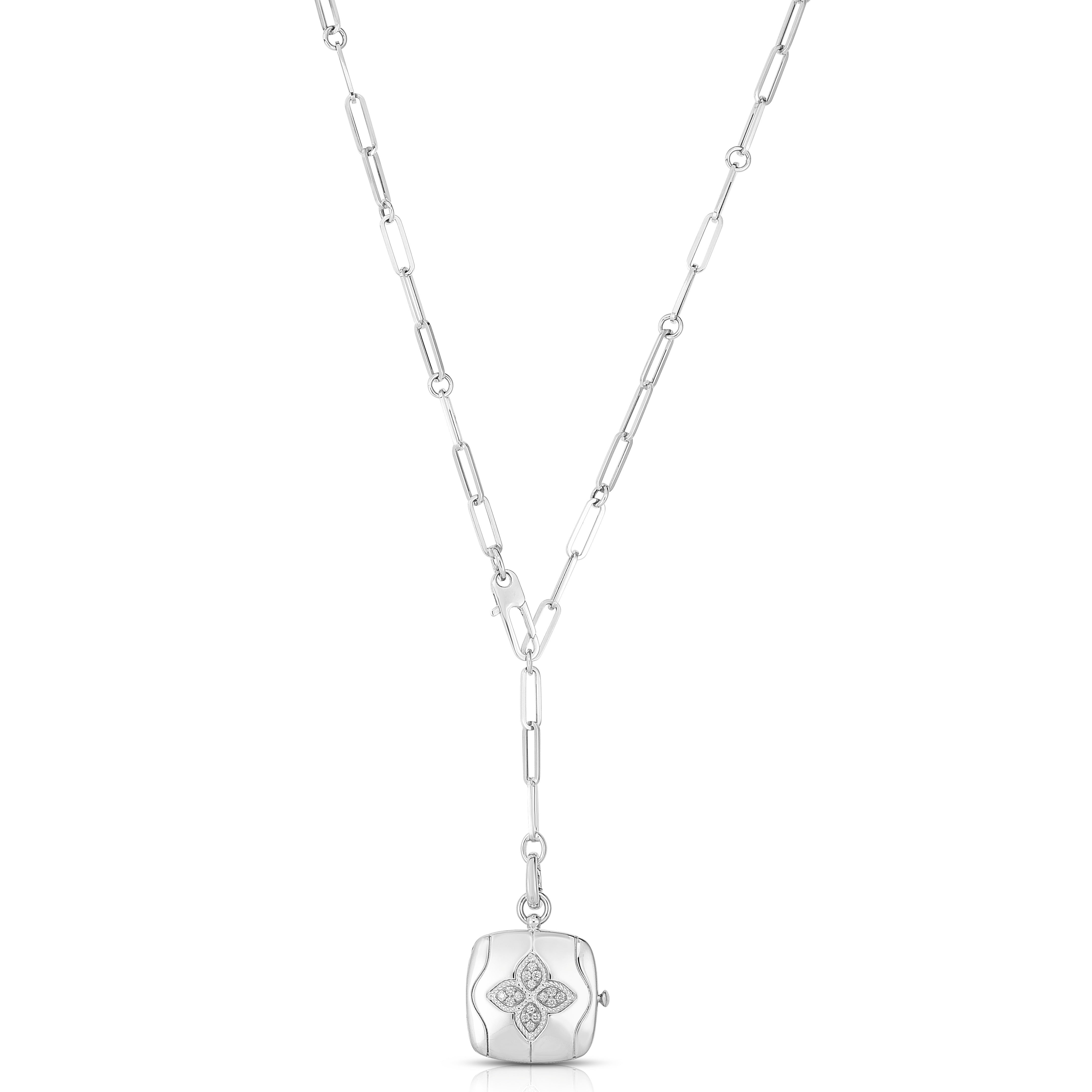 18K WHITE GOLD ROYAL PRINCESS FLOWER DIAMOND ACCENT LOCKET NECKLACE