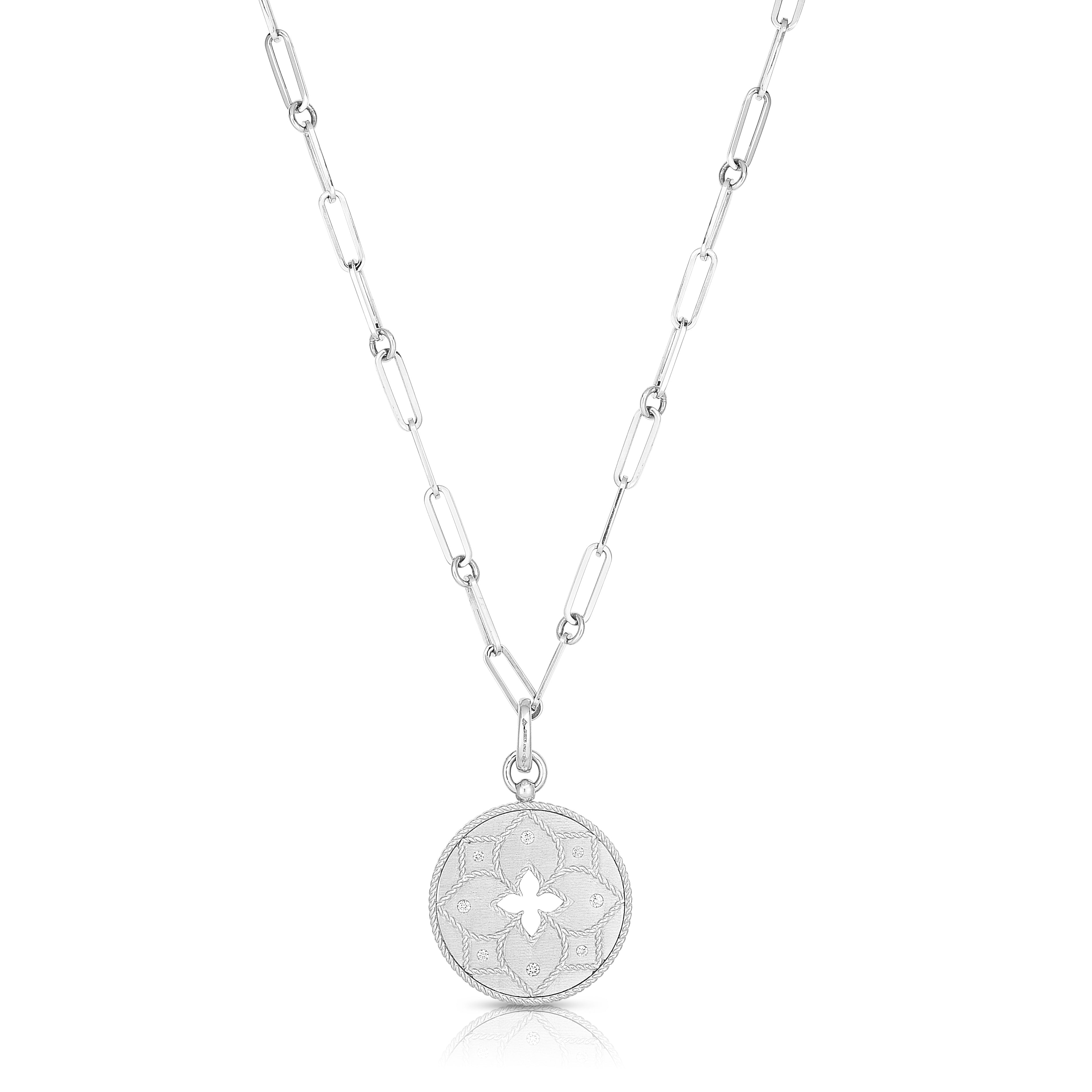 18K WHITE GOLD VENETIAN PRINCESS SATIN DIAMOND & SATIN FINISH FLOWER CUT OUT MEDALLION NECKLACE