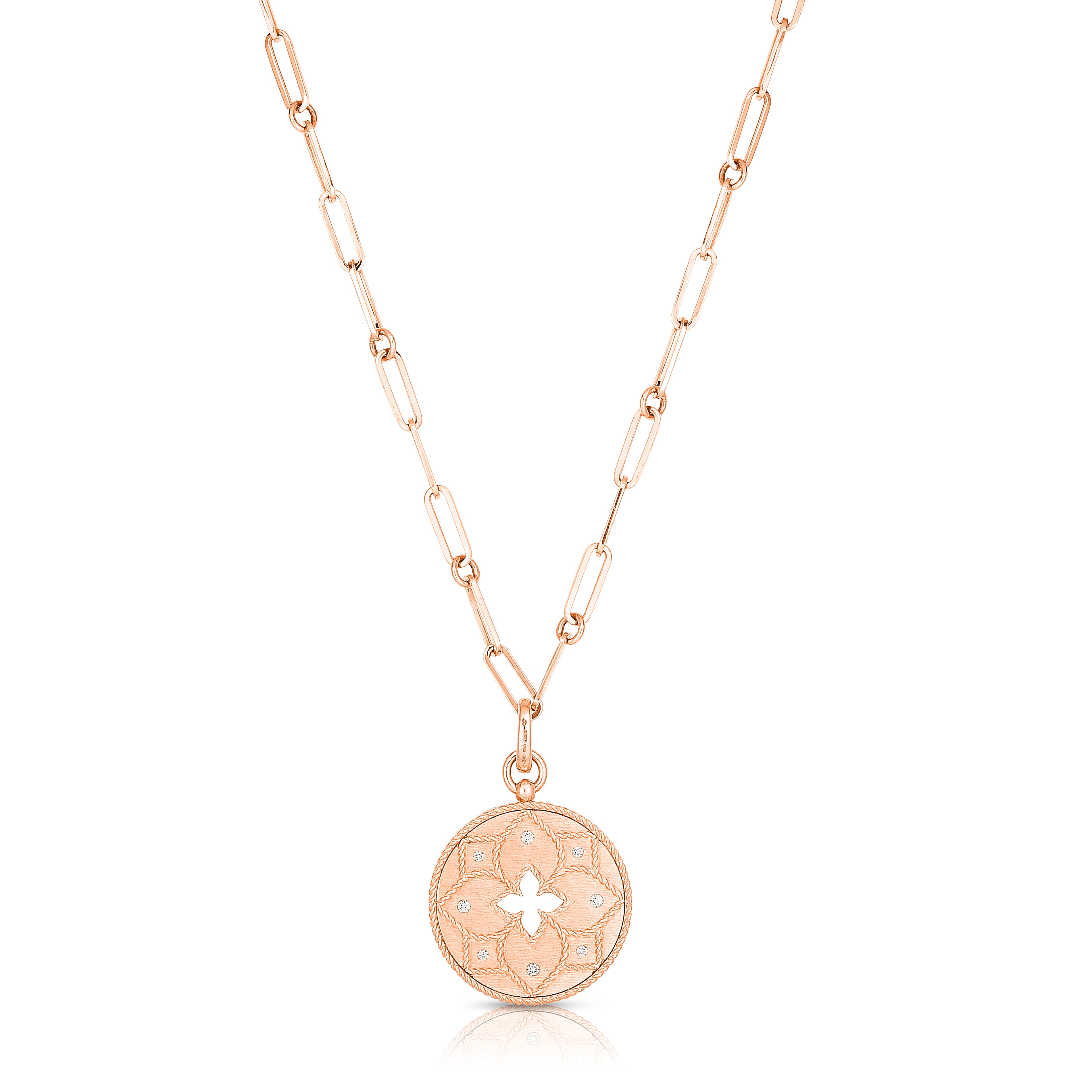 18K ROSE GOLD VENETIAN PRINCESS SATIN DIAMOND & SATIN FINISH FLOWER CUT OUT MEDALLION NECKLACE
