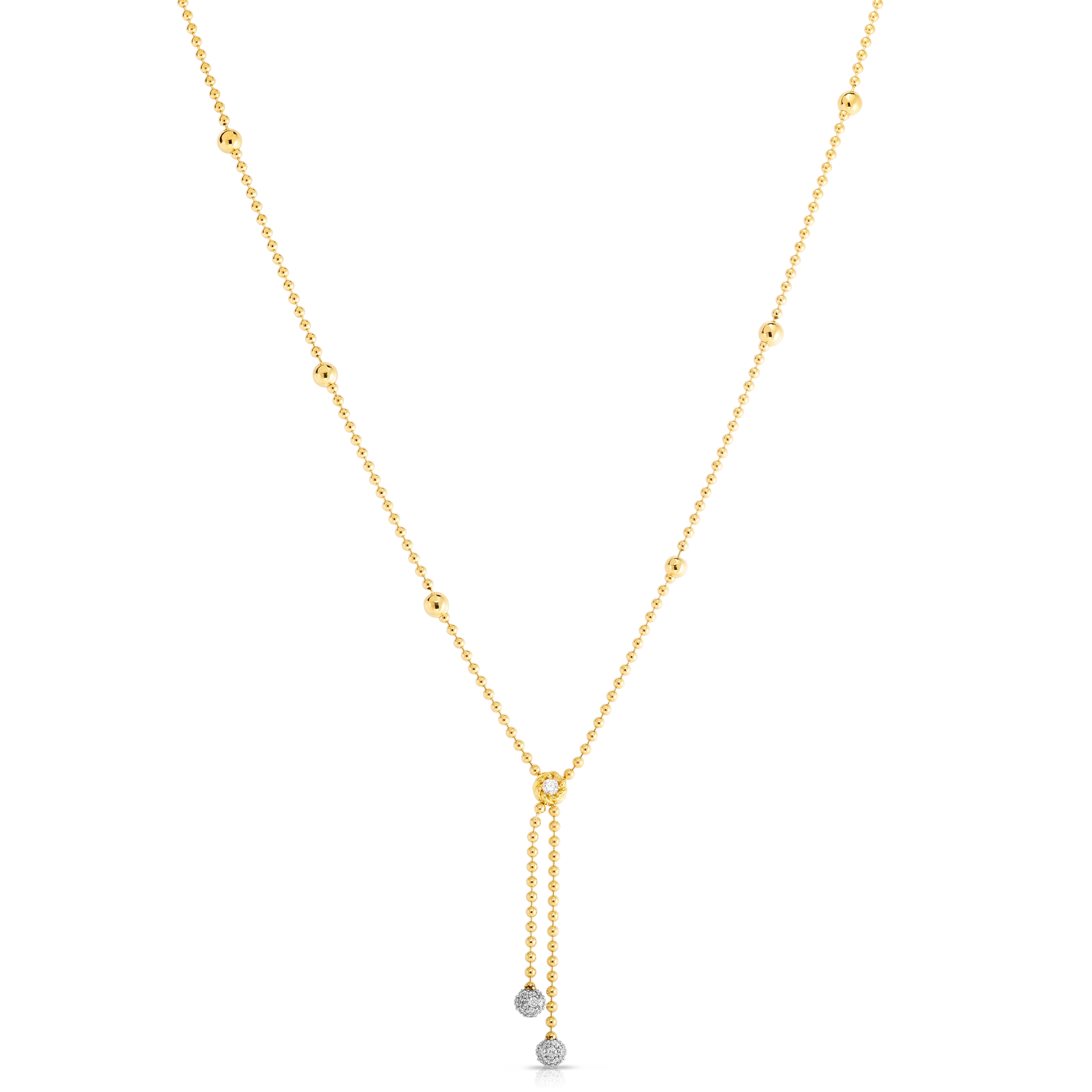 18K YELLOW/WHITE DESIGNER GOLD ALTERNATING BEAD & DOUBLE DIAMOND DROP NECKLACE