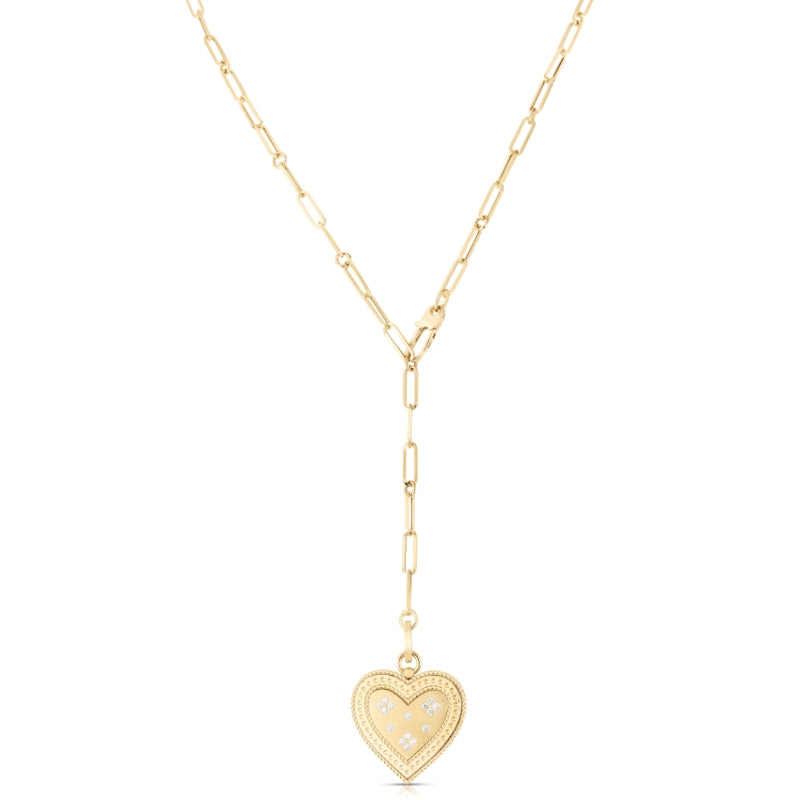 18K YELLOW GOLD VENETIAN PRINCESS LARGE DIAMOND HEART MEDALLION PAPERCLIP NECKLACE
