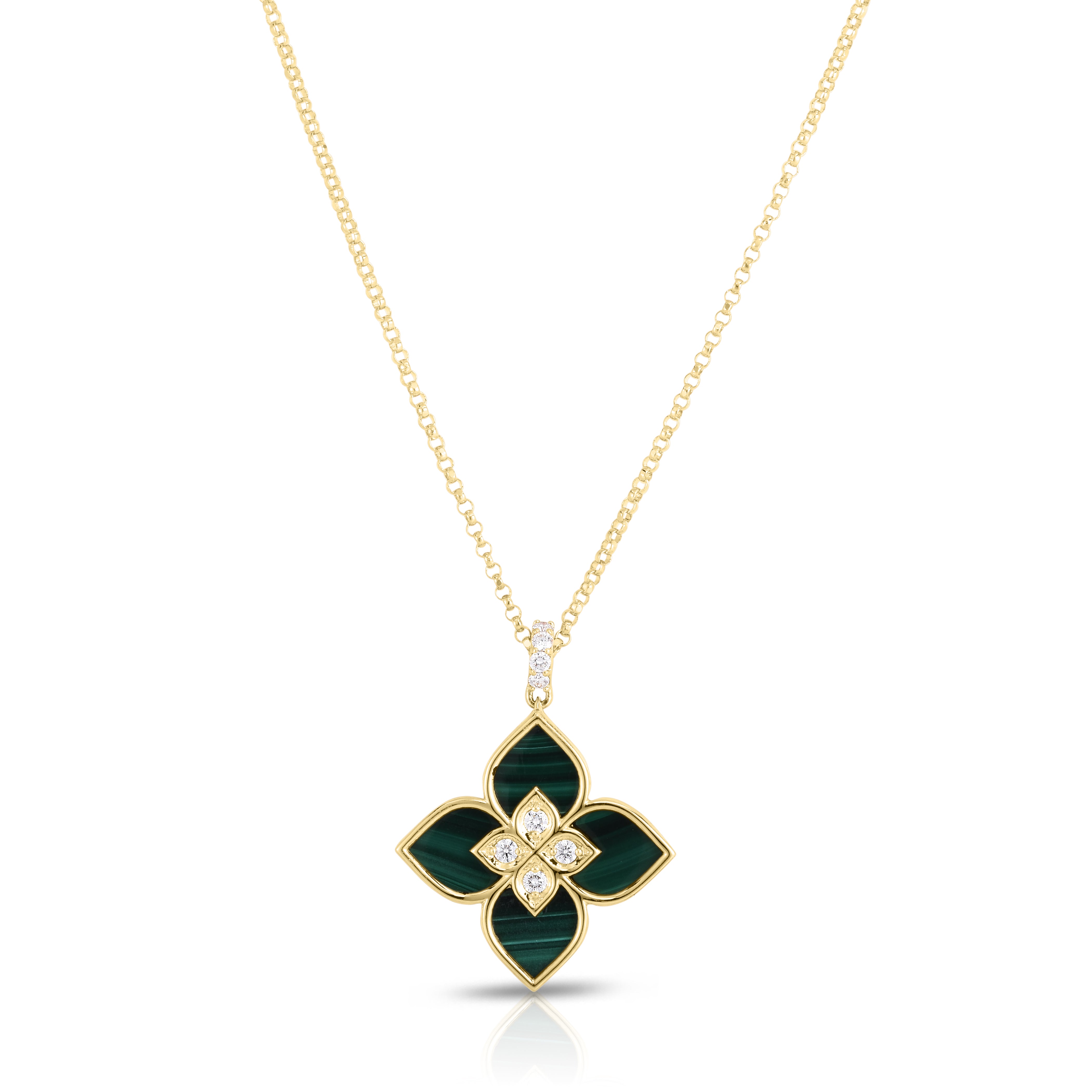 18K YELLOW GOLD VENETIAN PRINCESS SMALL DIAMOND & MALACHITE FLOWER NECKLACE