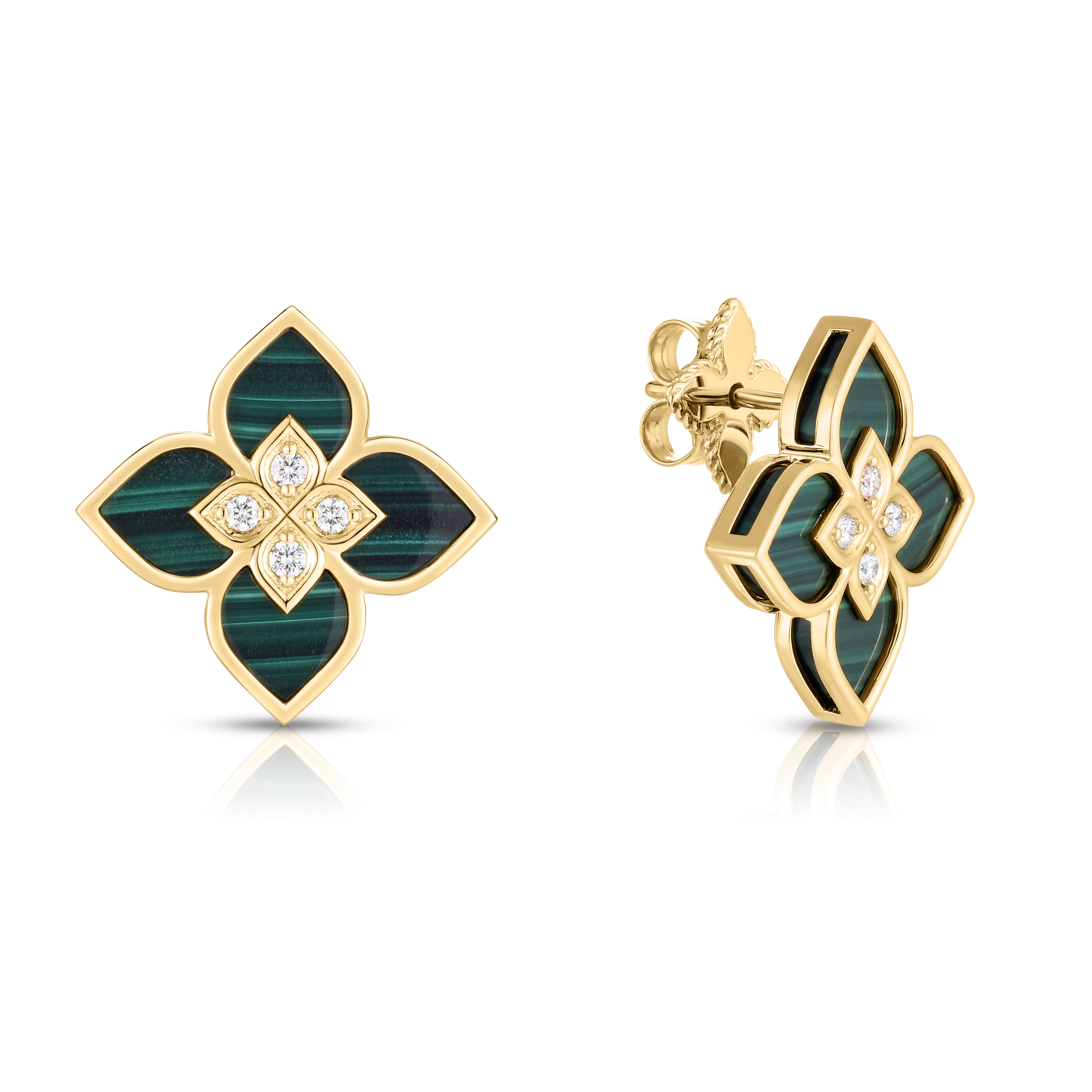 18K YELLOW GOLD VENETIAN PRINCESS SMALL DIAMOND & MALACHITE FLOWER EARRINGS