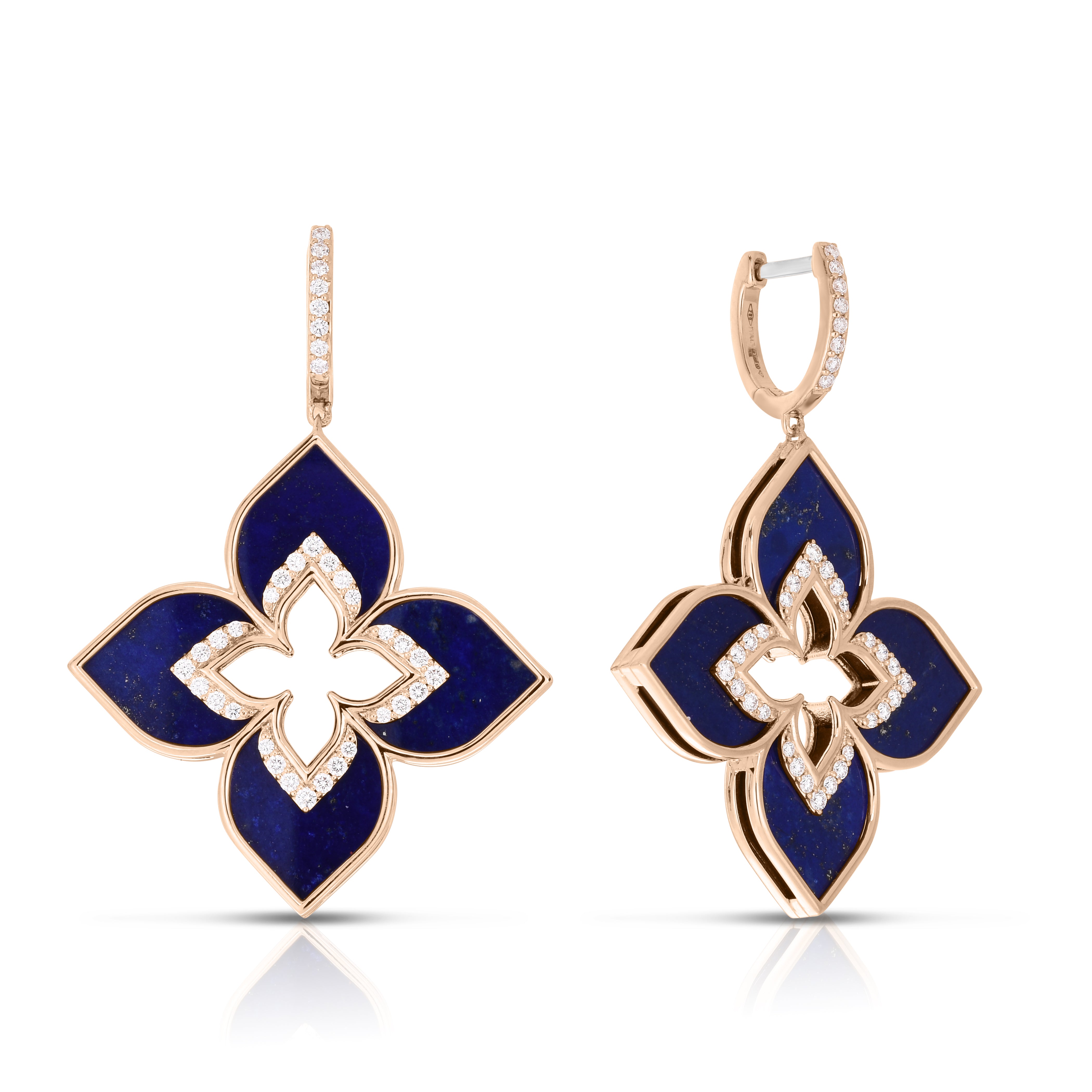 18K ROSE GOLD VENETIAN PRINCESS LARGE DIAMOND & LAPIS CUT OUT FLOWER DROP EARRINGS