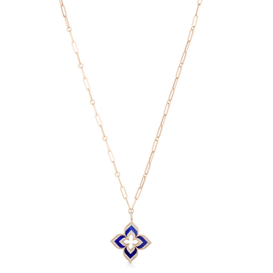 18K ROSE GOLD VENETIAN PRINCESS LARGE DIAMOND & LAPIS CUT OUT FLOWER LONG NECKLACE