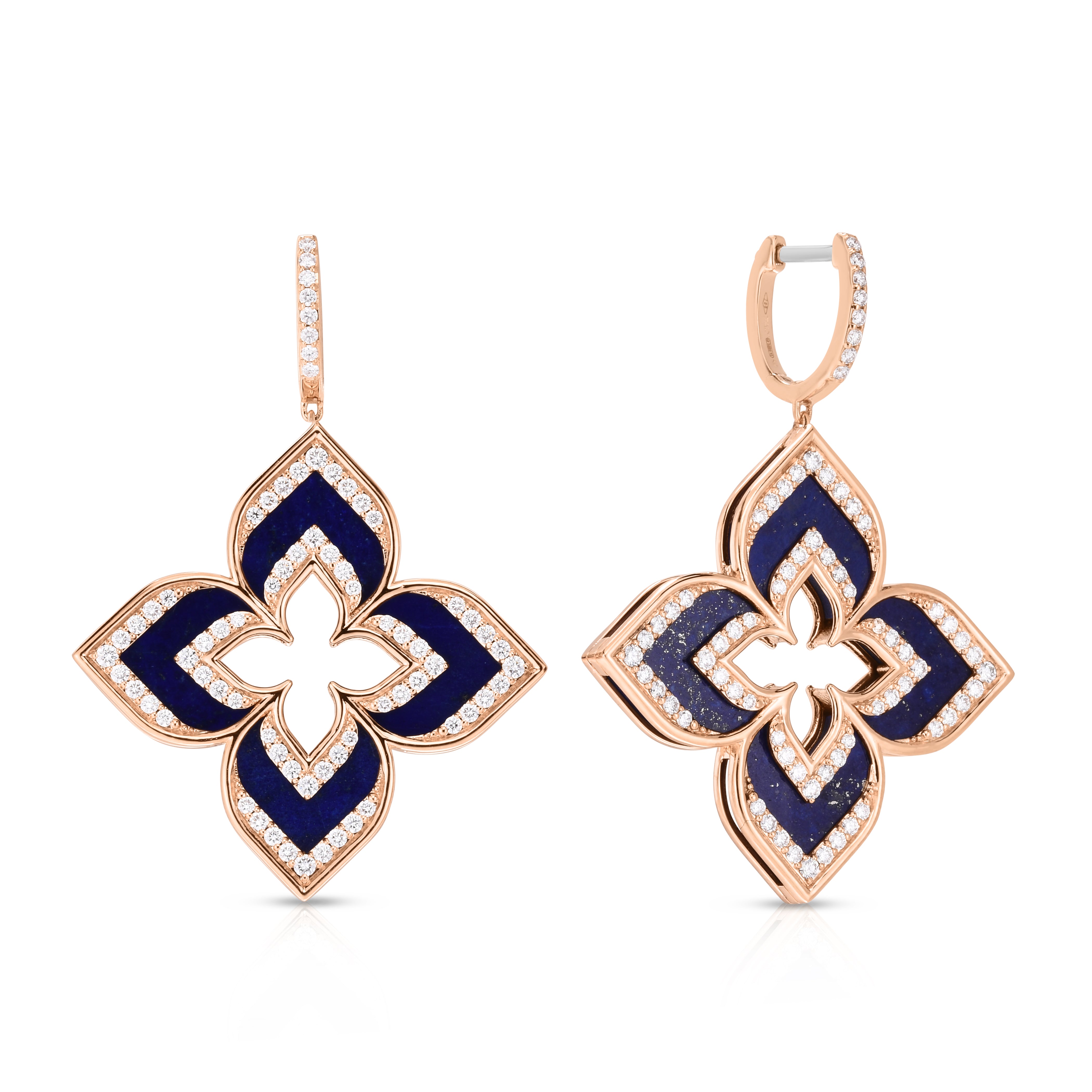 18K ROSE GOLD VENETIAN PRINCESS LARGE DIAMOND & LAPIS CUT OUT FLOWER EARRINGS