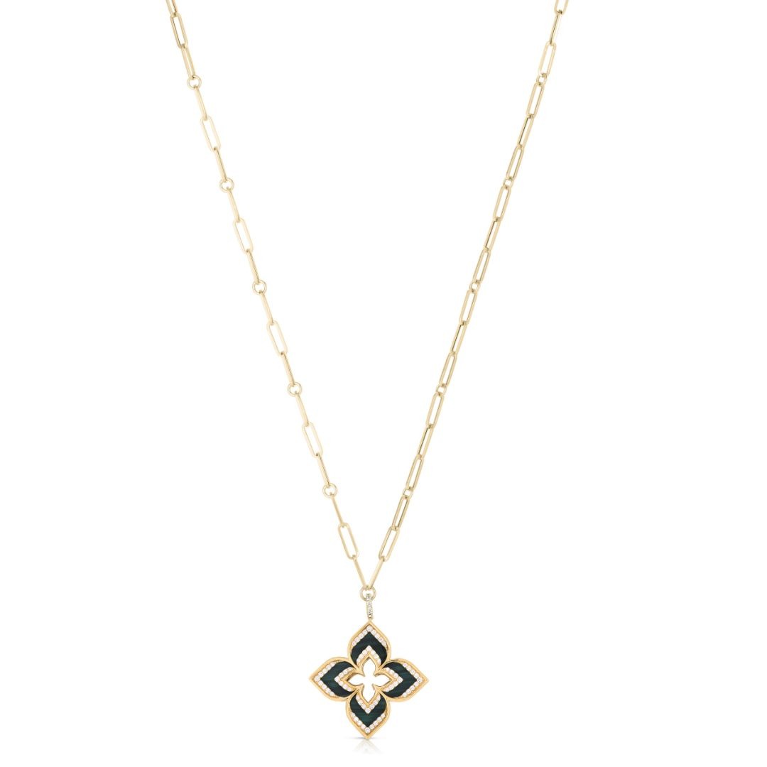 18K YELLOW GOLD VENETIAN PRINCESS LARGE DIAMOND & MALACHITE FLOWER LONG NECKLACE