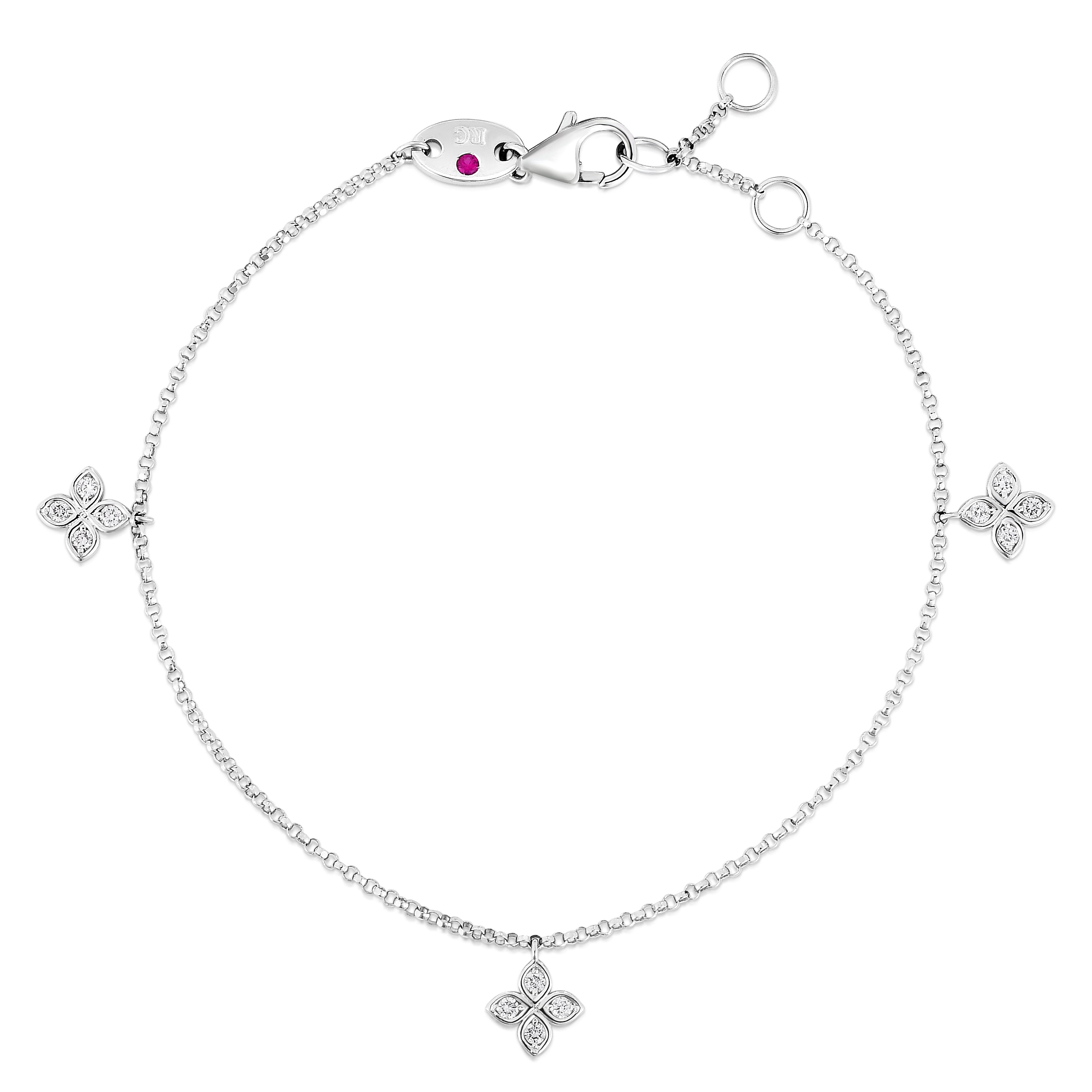 18K WHITE GOLD LOVE BY THE INCH DANGLING 3 STATION FLOWER BRACELET