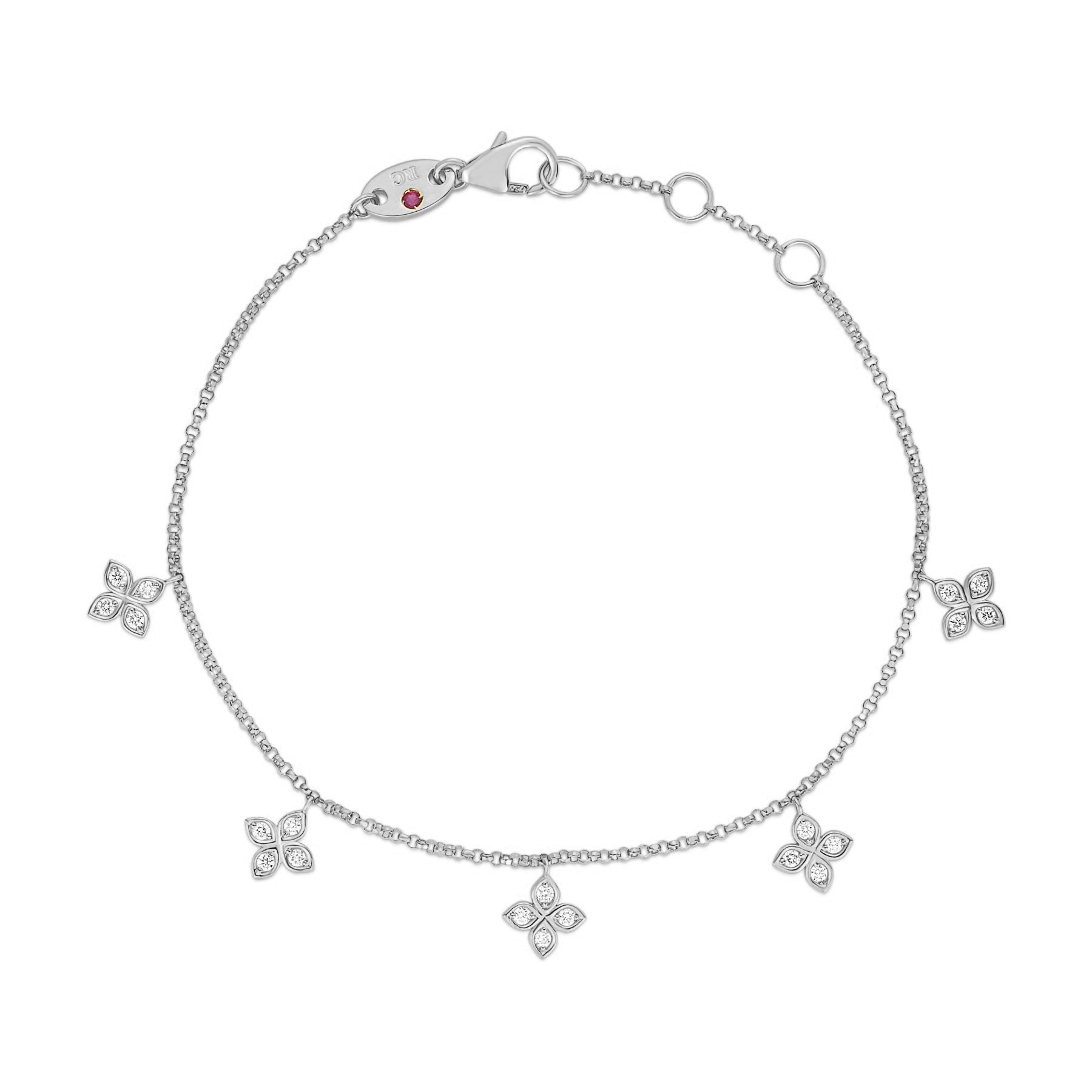 18K WHITE GOLD LOVE BY THE INCH DANGLING FIVE STATION FLOWER BRACELET