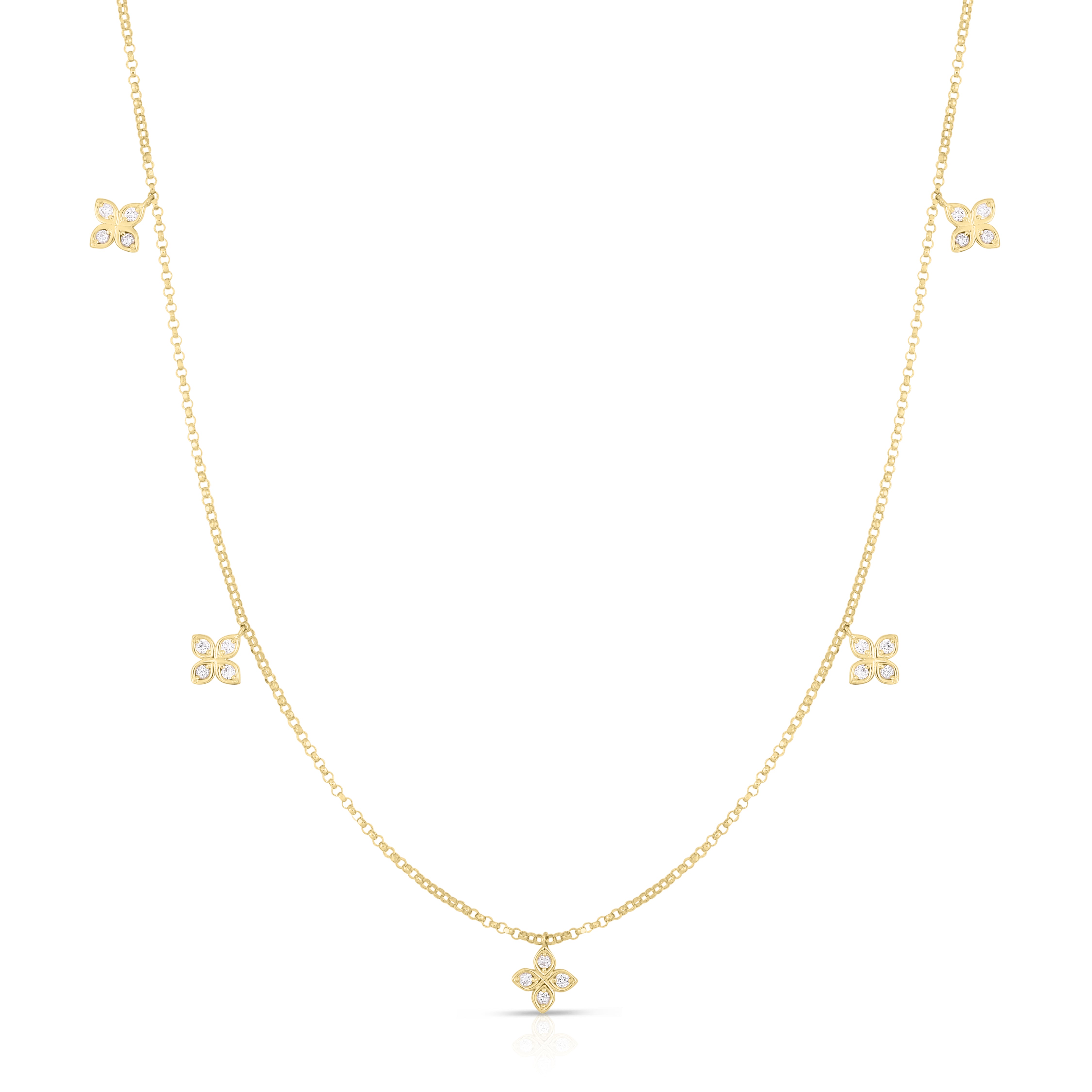 18K YELLOW GOLD LOVE BY THE INCH DANGLING FIVE STATION FLOWER NECKLACE