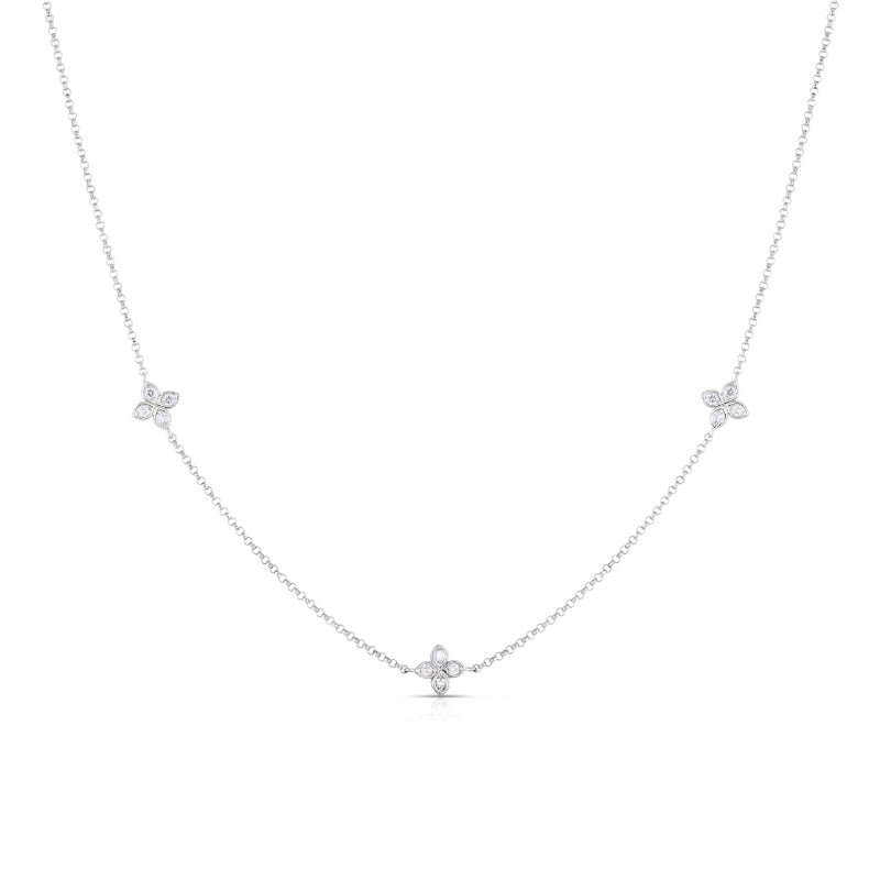 18K WHITE GOLD LOVE BY THE INCH 3 STATION FLOWER NECKLACE