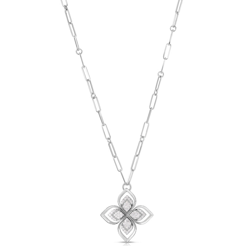 18K WHITE GOLD VENETIAN PRINCESS PAVE OPEN FRAME DIAMOND FLOWER LONG NECKLACE
