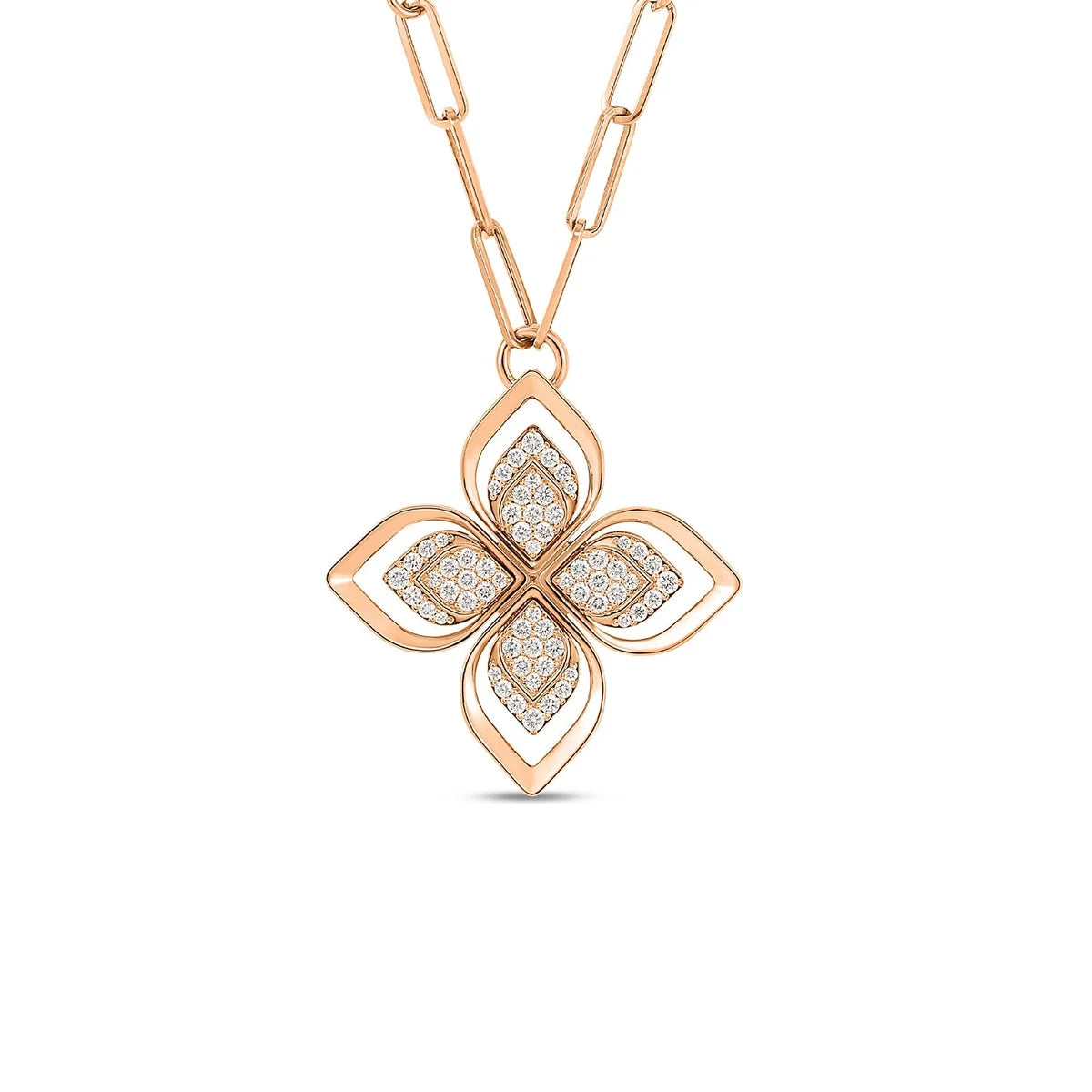 18K ROSE GOLD VENETIAN PRINCESS PAVE OPEN FRAME DIAMOND FLOWER LONG NECKLACE
