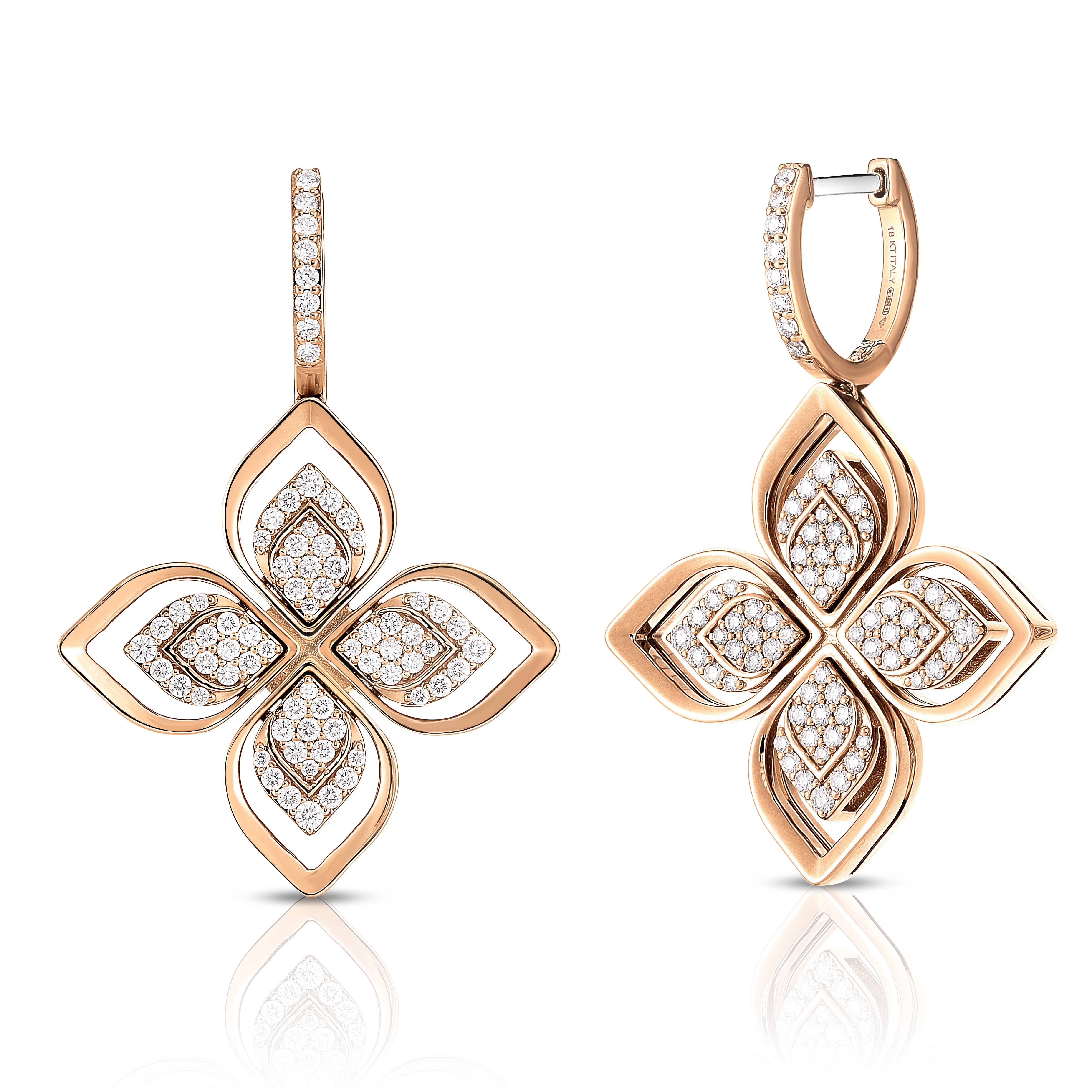 18K ROSE GOLD VENETIAN PRINCESS PAVE OPEN FRAME DIAMOND FLOWER EARRINGS